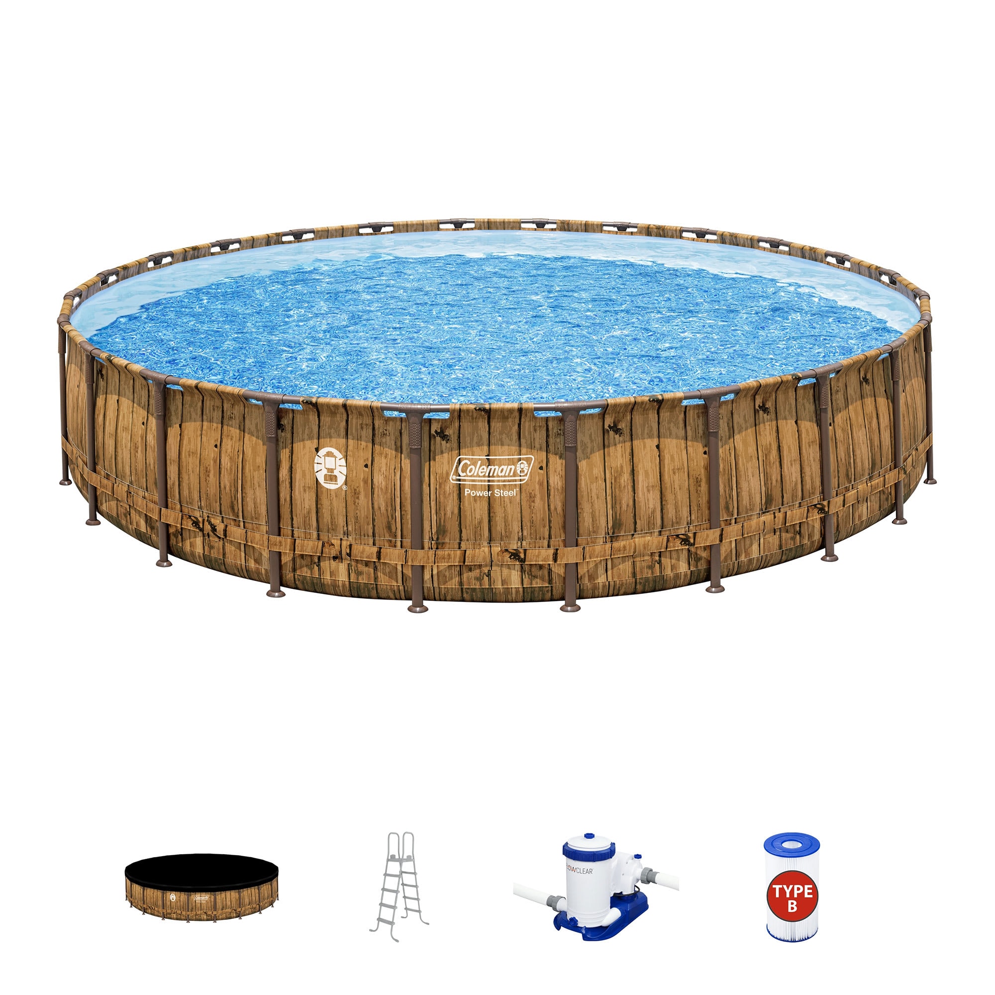Coleman 326991 Round Power Steel Durable Frame 24ft x 52 inches Above Ground Outdoor Swimming Pool Set with Filter Pump Pool Cover and Ladder Multicolor