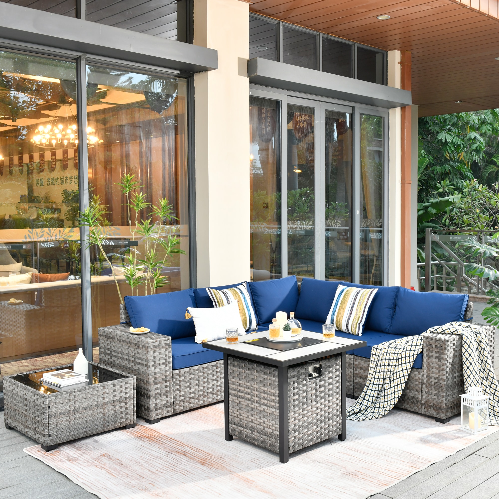 Pouuin SFPBBR707 Rattan Outdoor Sectional with Navy Cushion(S) and Wicker Frame
