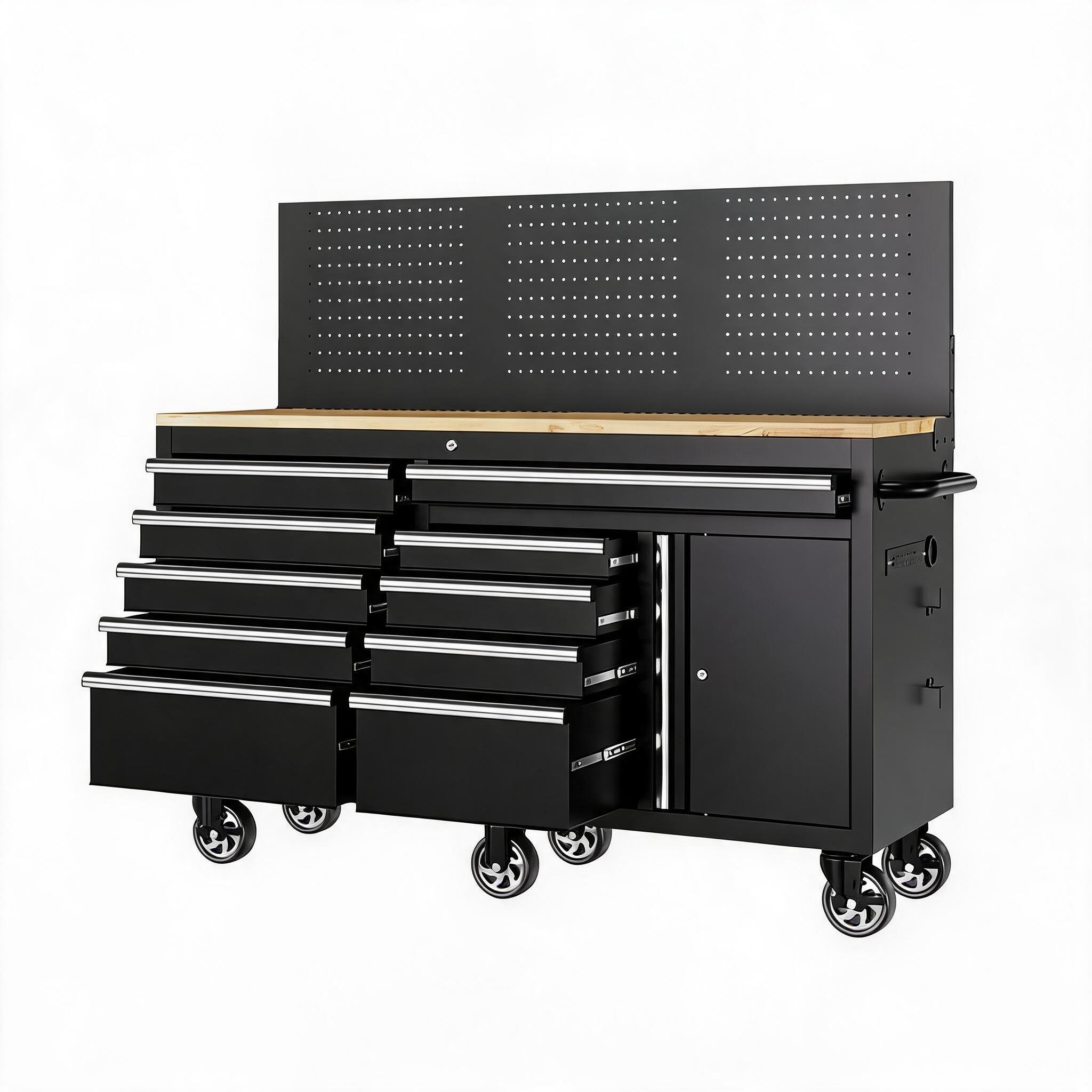IdealHouse 60 in Mobile Tool Chest Workbench-10-Drawer Garage Cabinet with Pegboard Lock and Charging Station Heavy-Duty Rolling Tool Box for Workshop Black