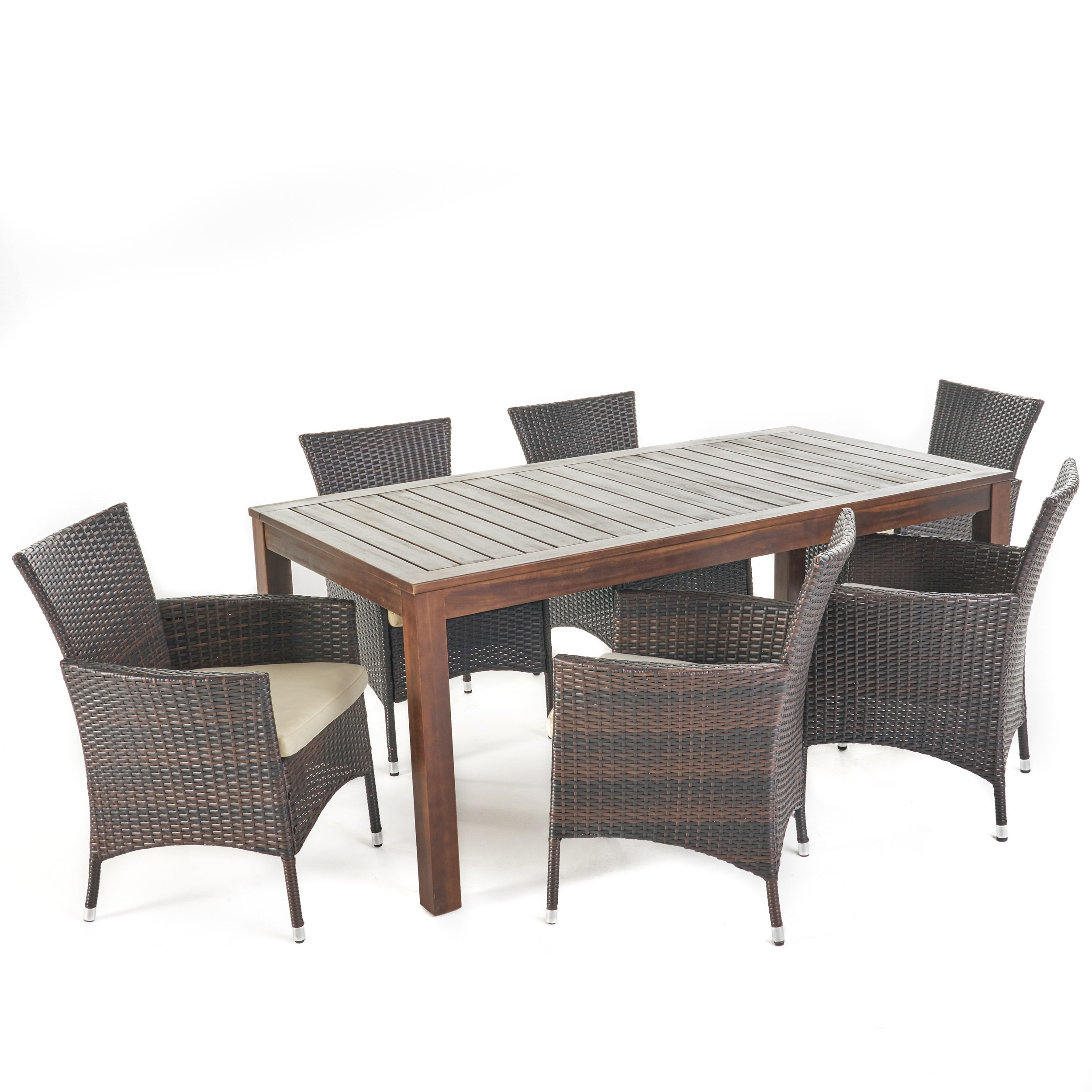 Best Selling Home Decor 302251 7 -Piece Multibrown Wicker Patio Dining Set Wood Rectangle Table with 6 Off-white Cushions Stationary Chairs