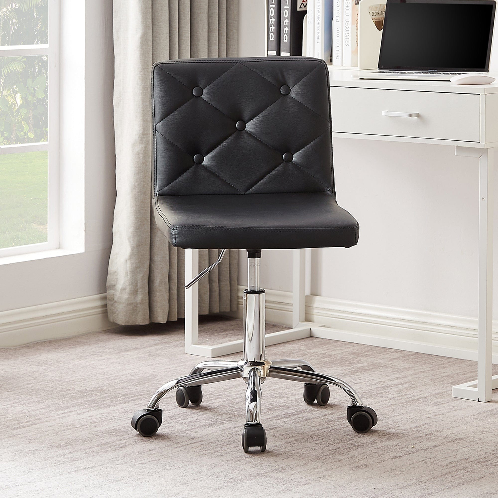 Vecelo LOE-OC05-BLK Armless Office Desk Chair Modern Tufted Task Chair Faux Leather Upholstered Computer Chair with Adjustable Seat Height