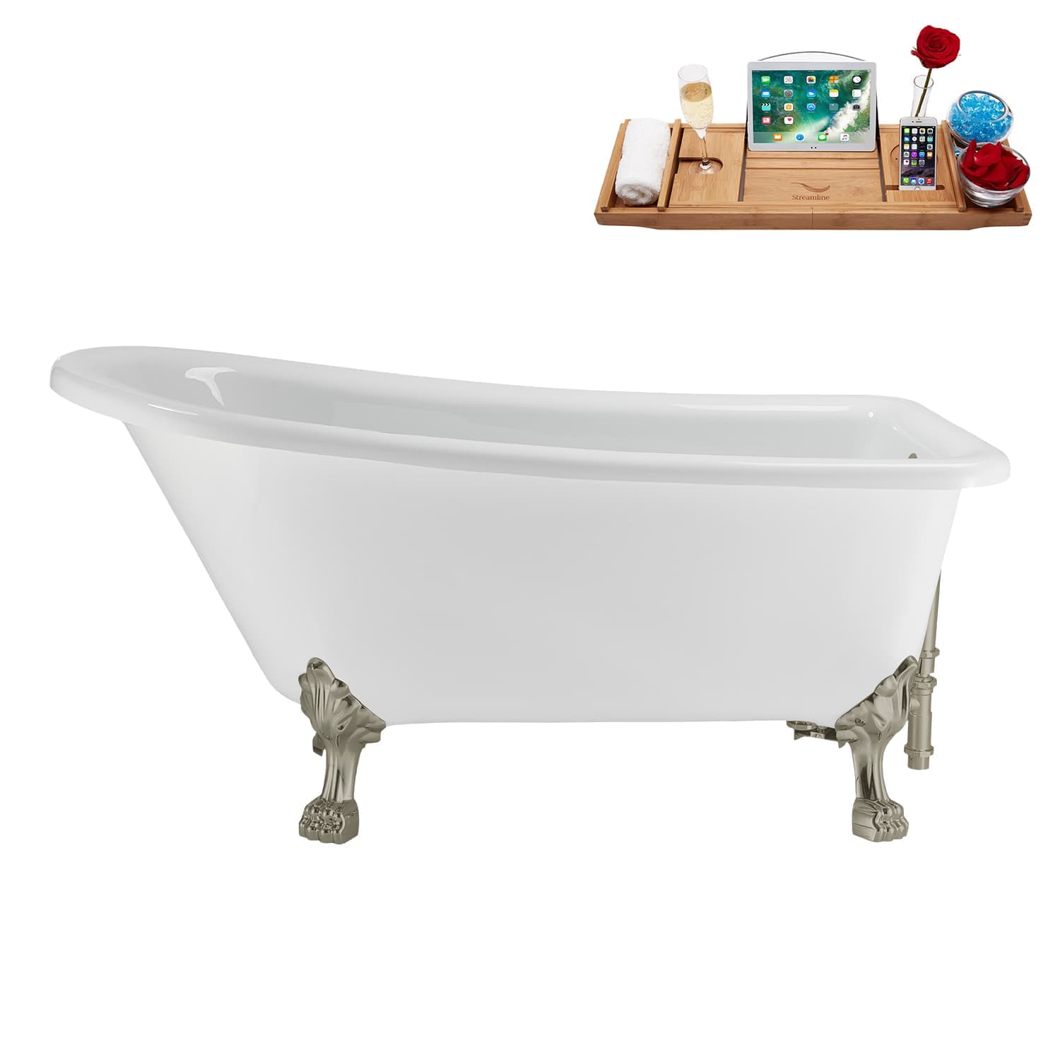 Streamline 58 inch  Soaking Clawfoot Tub and Tray With External Drain in Brushed Nickel and Brushed Nickel Clawfeet