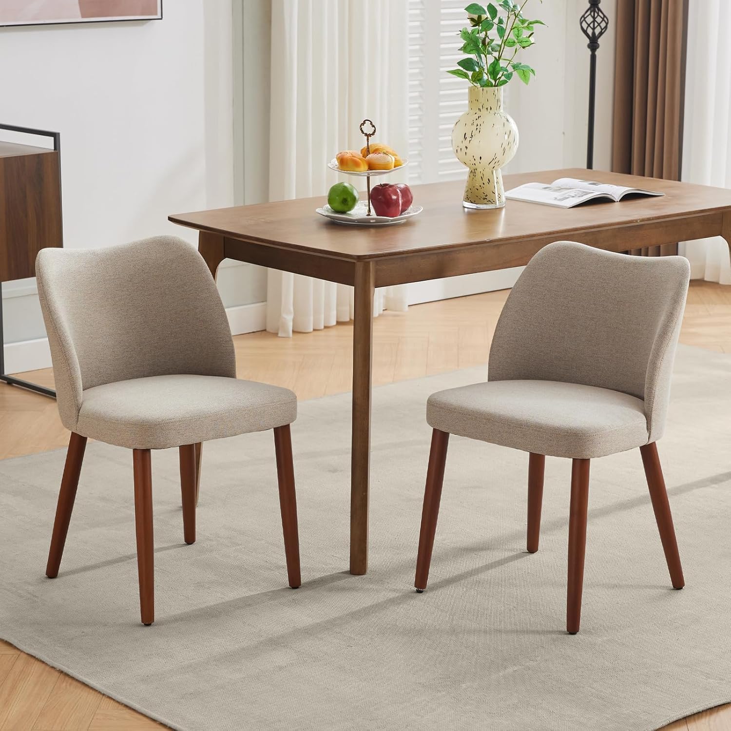 Qeetex - Linen Dining Chairs Set of 4 Upholstered Fabric Dining Chair with Wood Legs - Wing Backr...