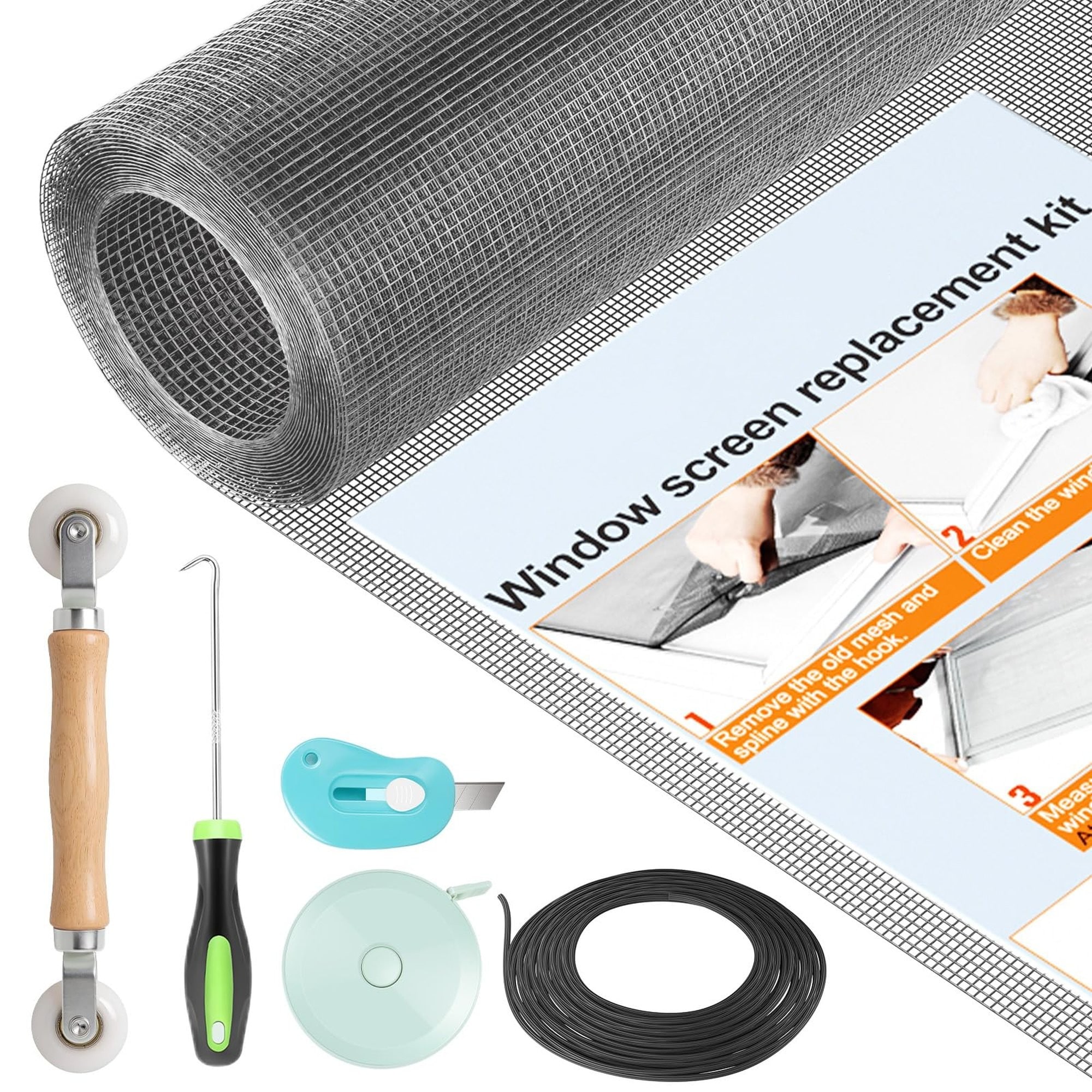 Wudkey Gray 48in x 118in Fiberglass Window Screen Repair Kit with Tools