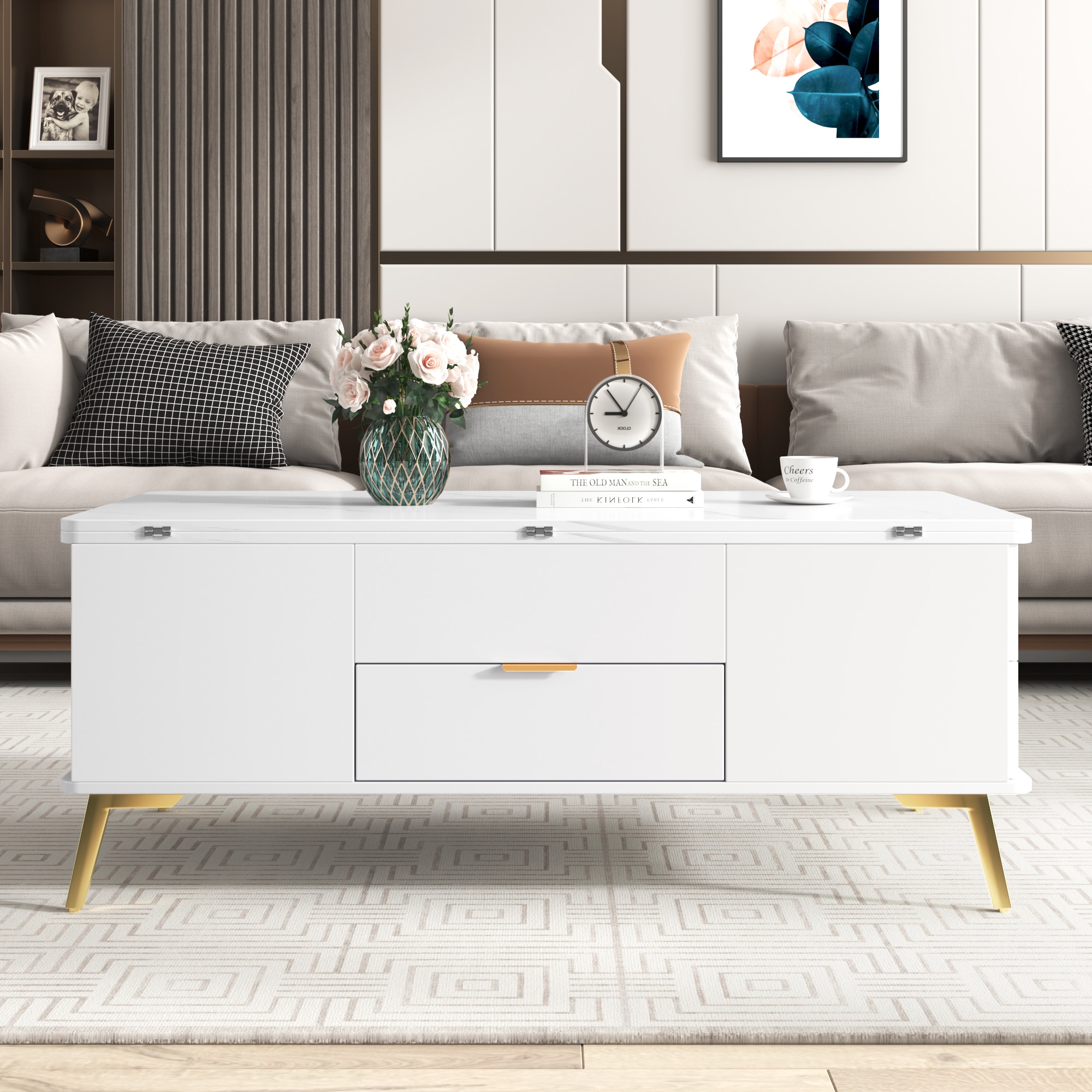 ModernLuxe L3P-WF307471AAK Modern Lift Top Coffee Table Multi Functional Table with Drawers in  White