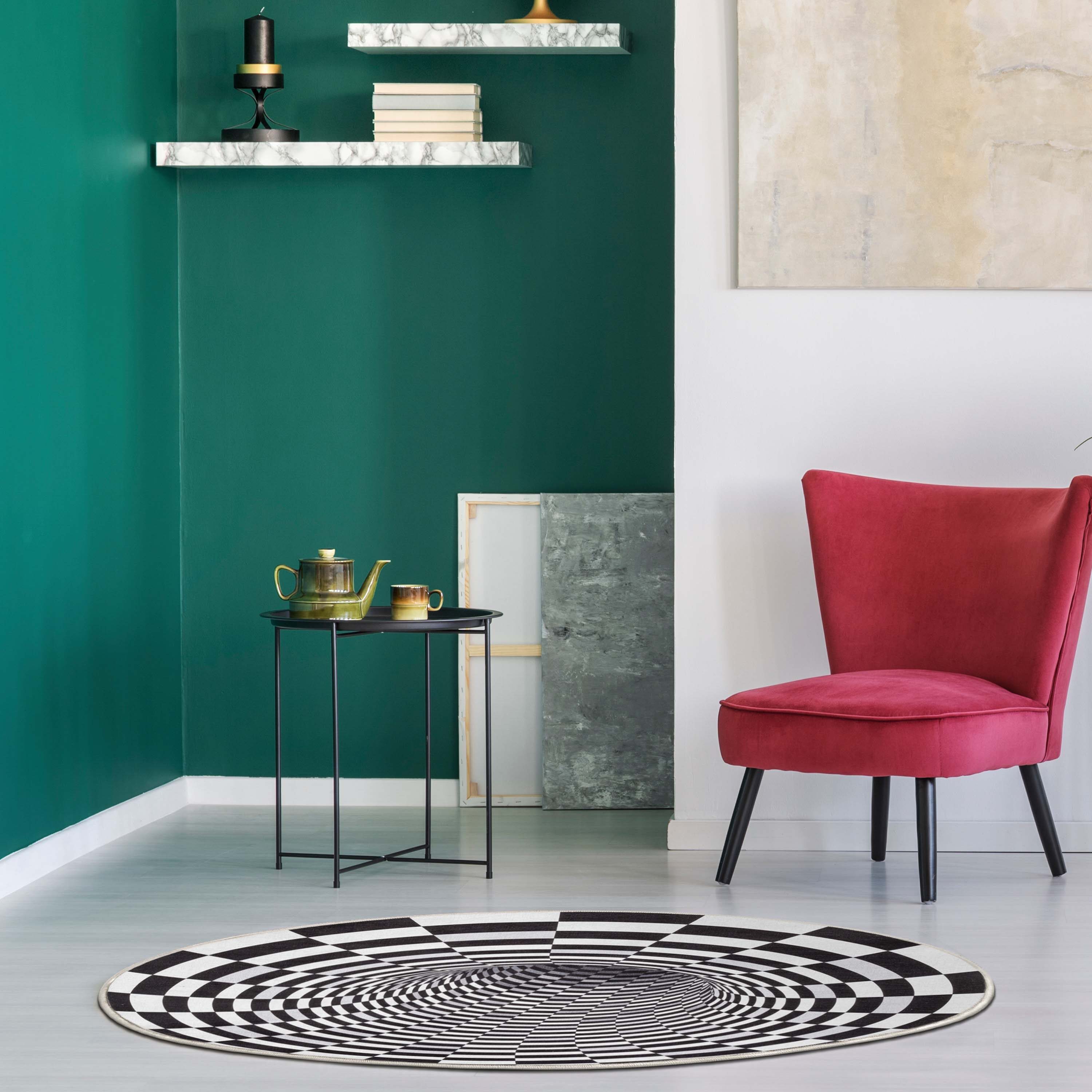 Well Woven W-AP-02A-4R 3 x 3 (ft) Flatweave Polyester Black Ivory Round Indoor Mid-Century Modern Area rug