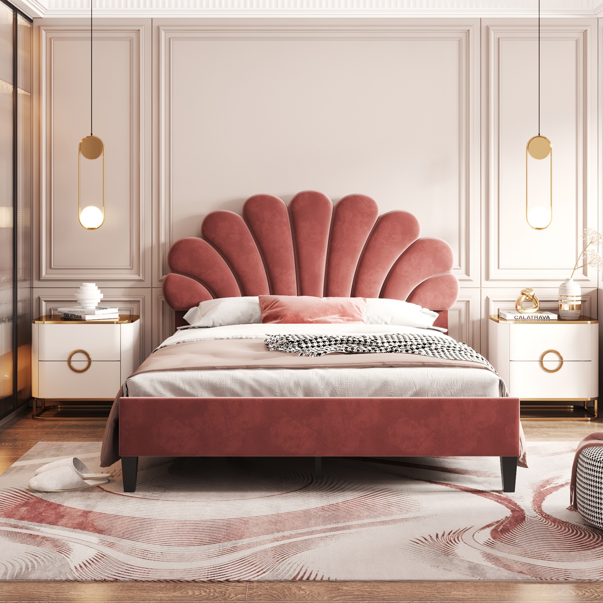 ModernLuxe L3P-WF305290AAH Full Size Upholstered Platform Bed with Flower Pattern Velvet Headboard Bean Paste Red