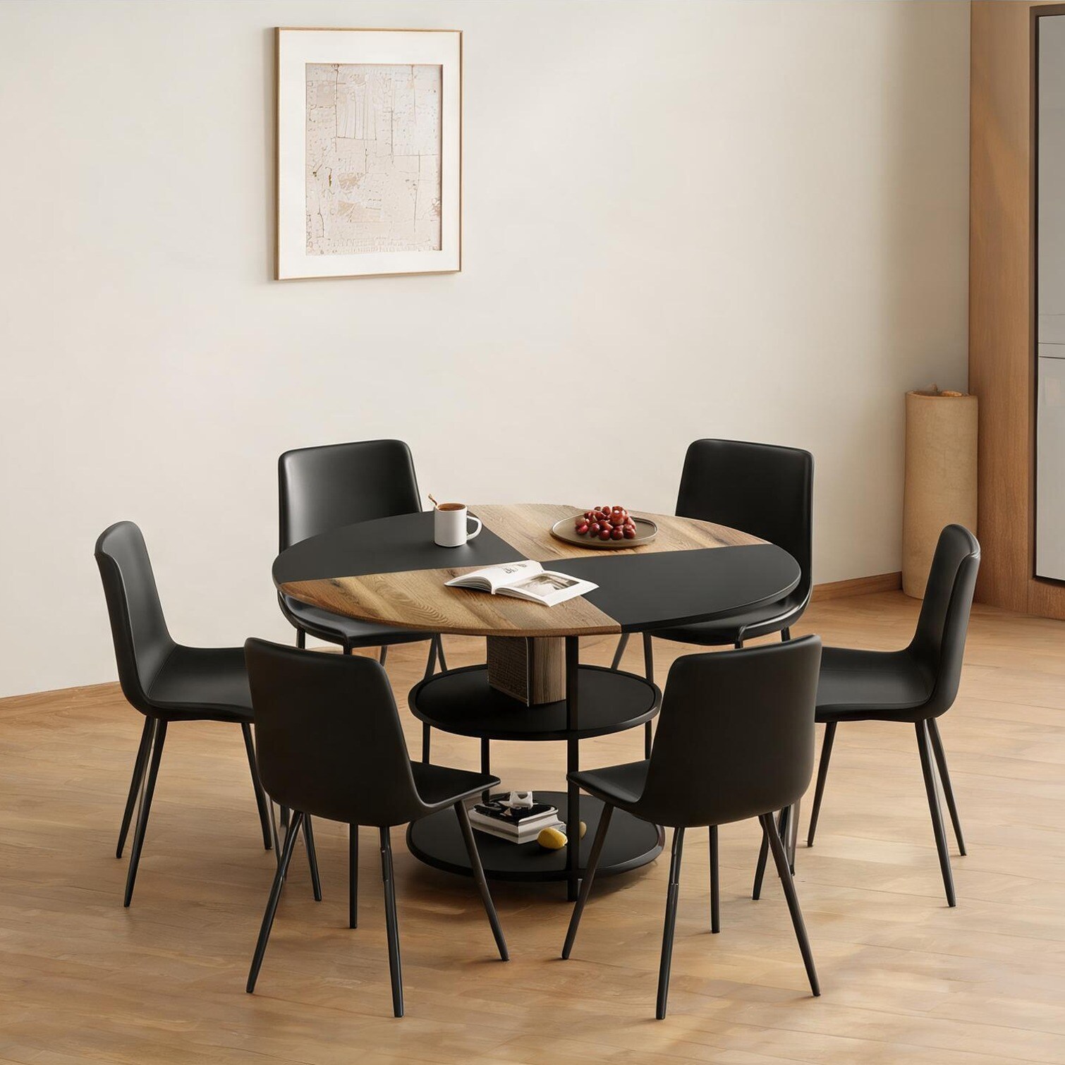 SunJet Matte Black and Wood Round Dining Set with Double-Layer Storage ...