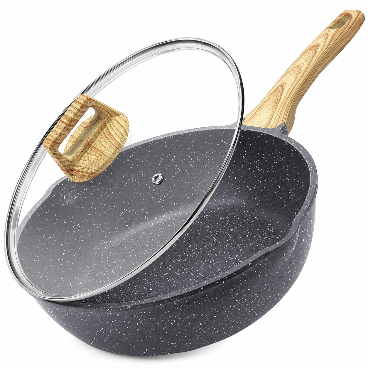 Aoibox 11 in 4 5 qt Grey Granite Nonstick Deep Frying Pan with Lid 10x Nonstick SGS Approved Induction #LABG6MIT