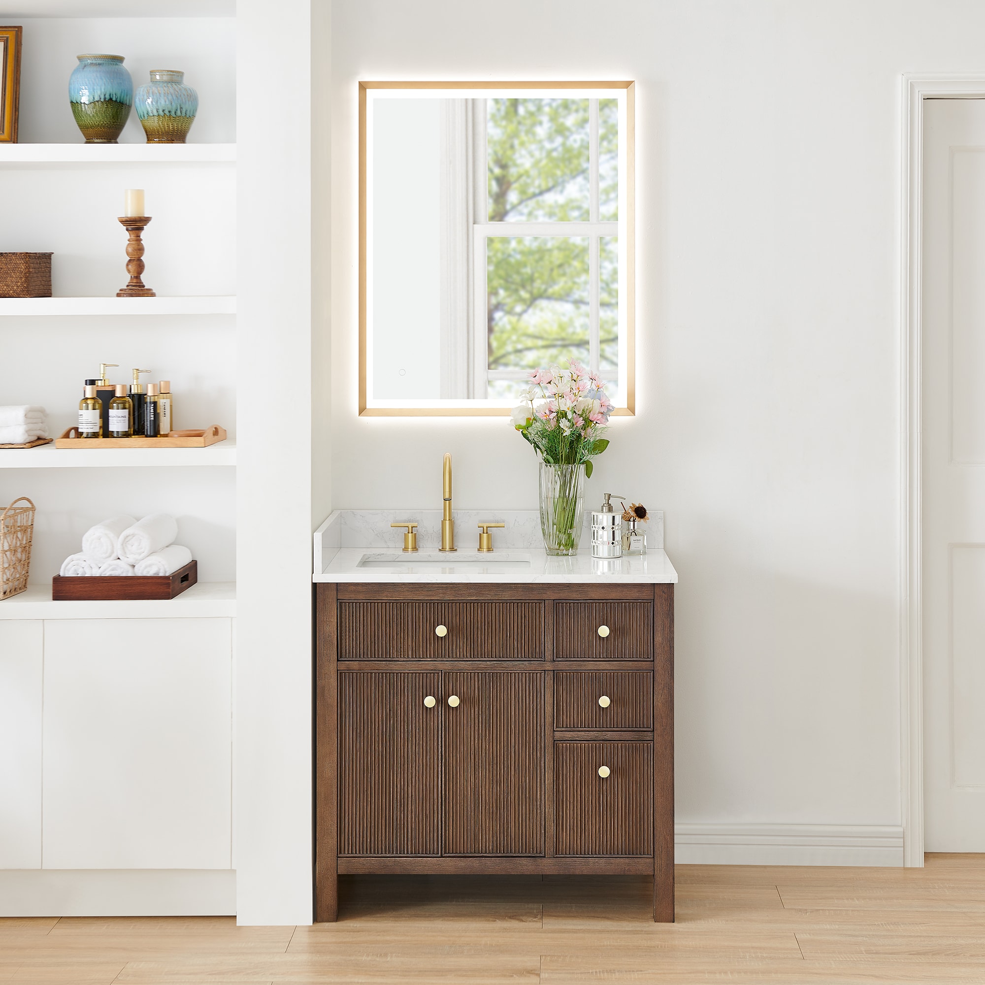 Altair 567036-BK-GW Cerrito 36-in Brown Brushed Oak Undermount Single Sink Bathroom Vanity with Grain White Engineered Stone Top (Mirror Included)