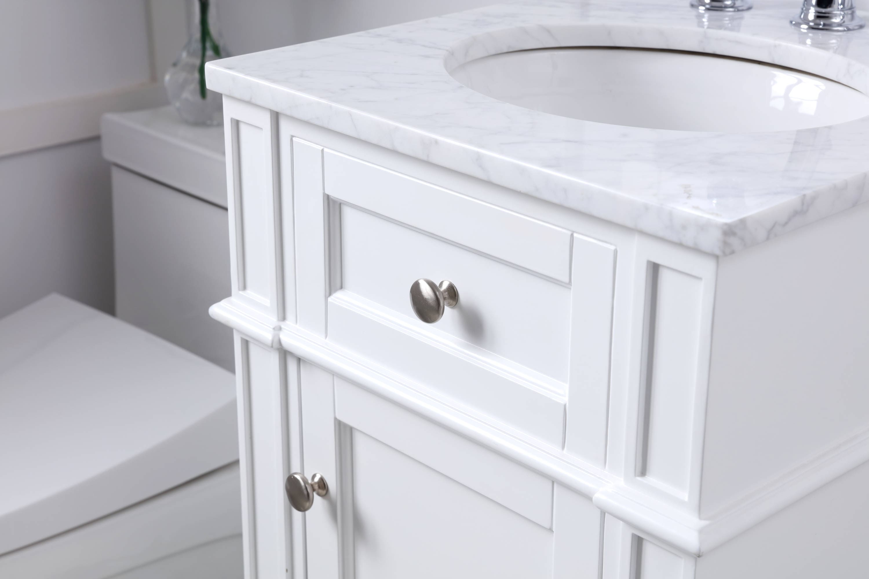 White Carrara Marble Single Sink Vanity with Storage Cabinet
