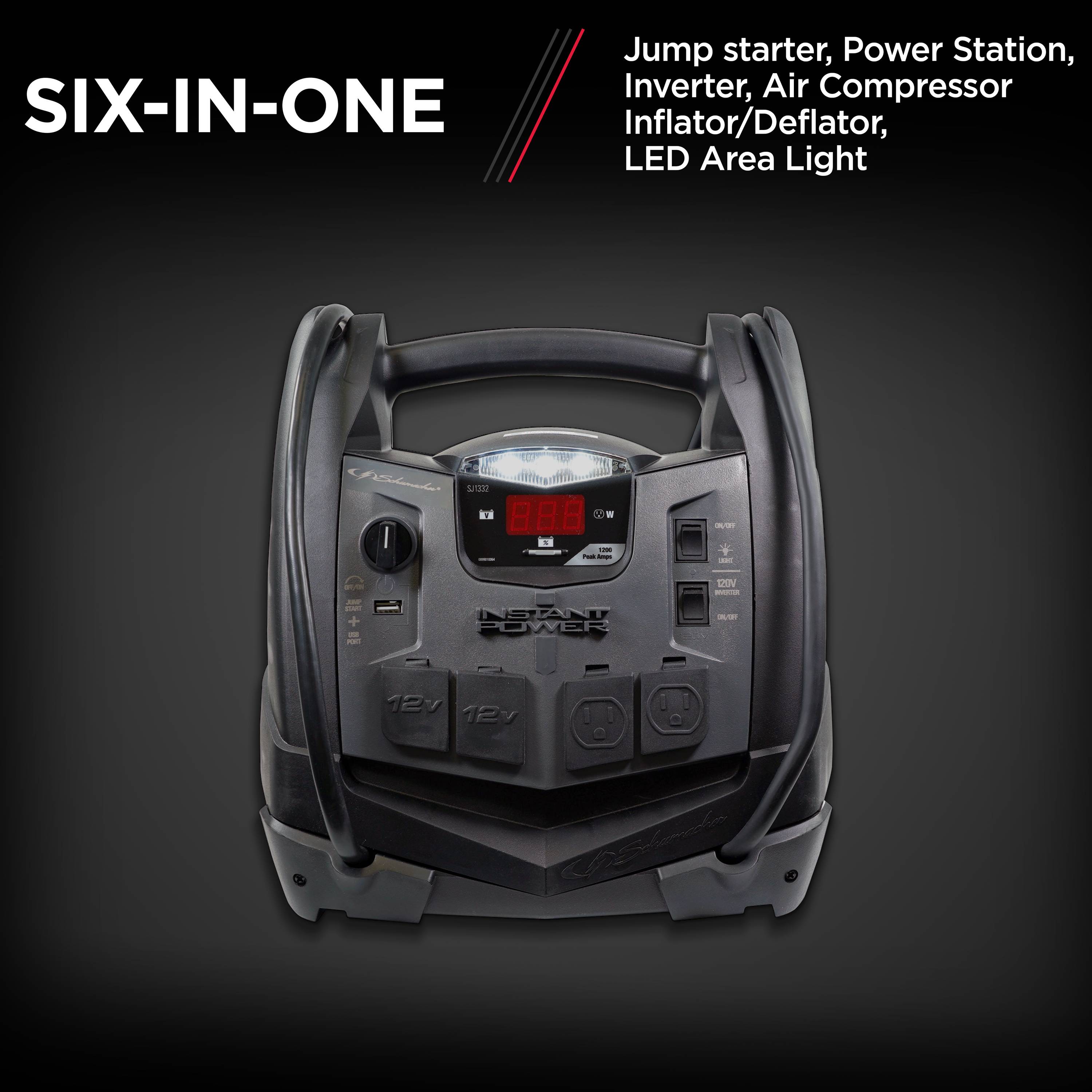 Schumacher Instant Power Portable Jump Starter w/Air Compressor & Light 12V  1200 Peak Amps