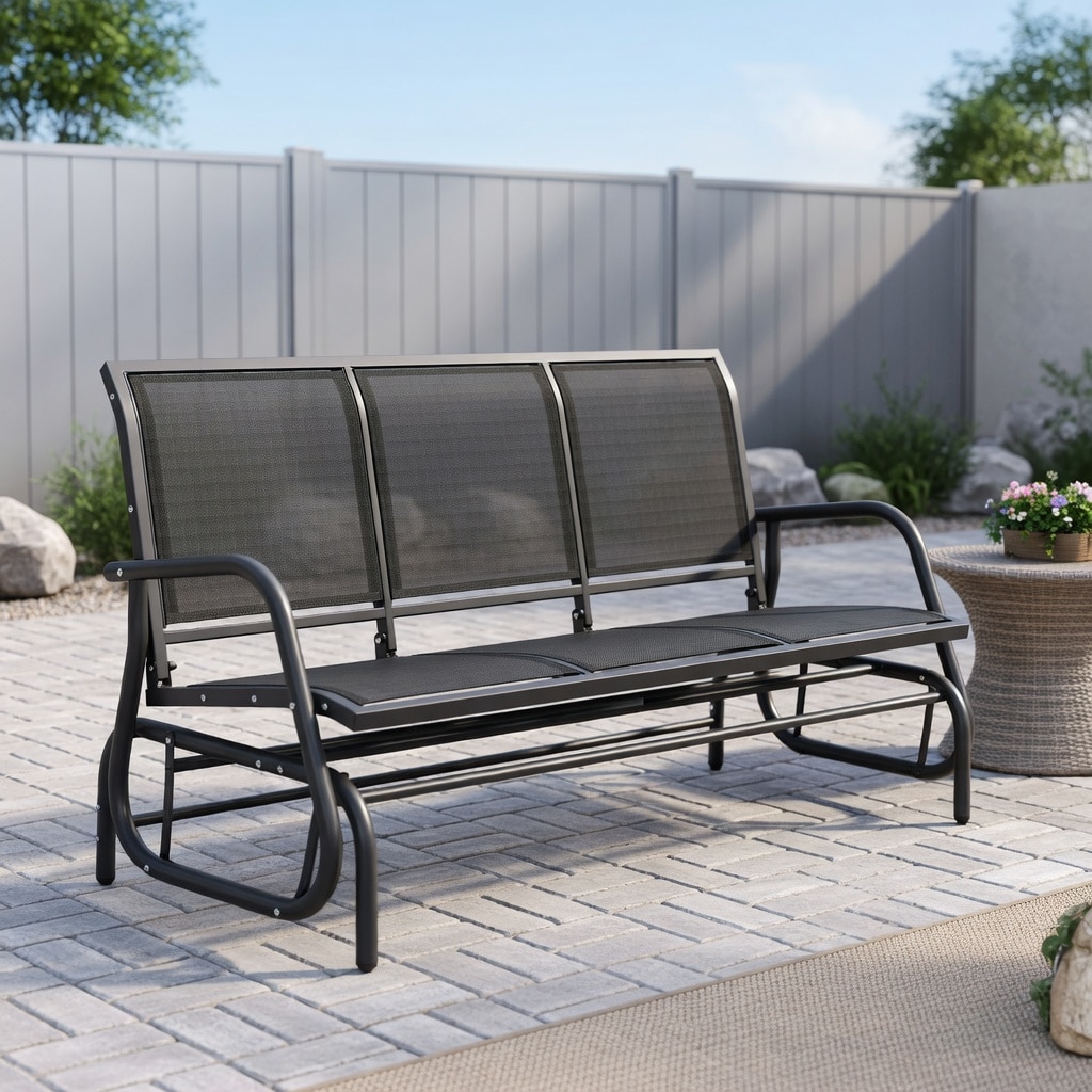 Choco Moon - 3 Person Outdoor Glider Bench Heavy Duty Steel Frame Breathable Mesh Seat Smooth Qui...