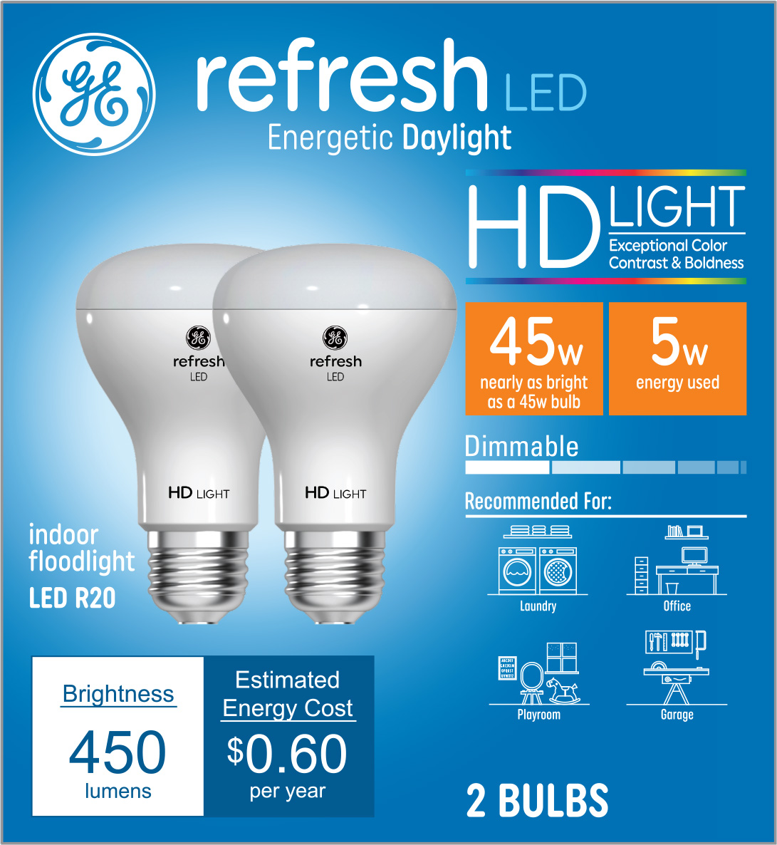 Refresh 45-Watt EQ R20 Daylight Medium Base (E-26) Dimmable LED Light Bulb (2-Pack) | - GE 45550