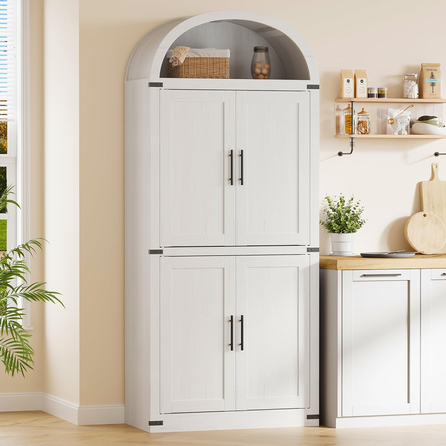 WhizMax ASDPHO33FSFXLC Arched Cabinet 71 Point 6 Inch Tall Farmhouse Kitchen Pantry Storage Cabinet with 4 Doors Engineered Wood