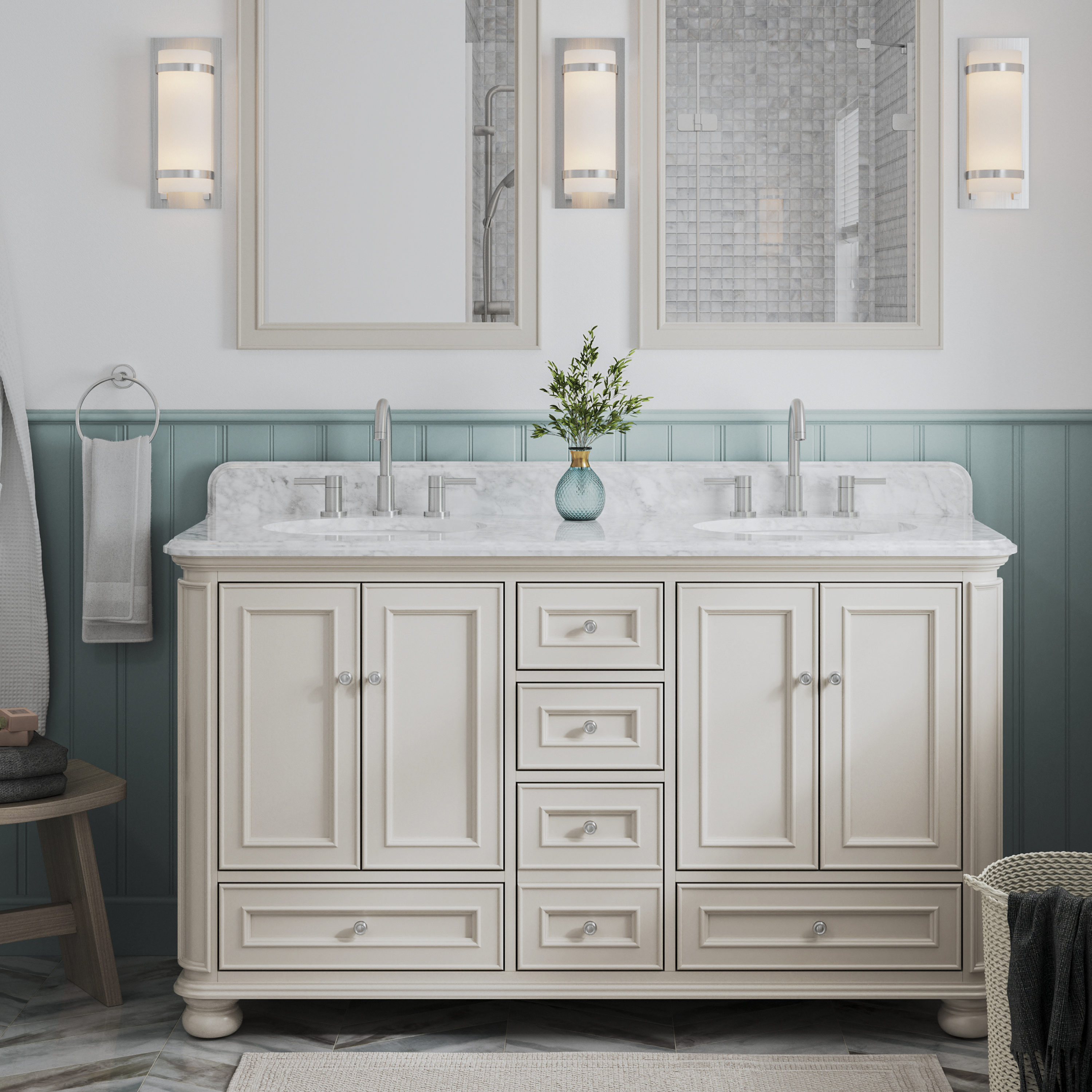 Wrightsville 60-in Flaxen Undermount Double Sink Bathroom Vanity with Natural Carrara Marble Top in Brown | - allen + roth 1116VA-60-320-900
