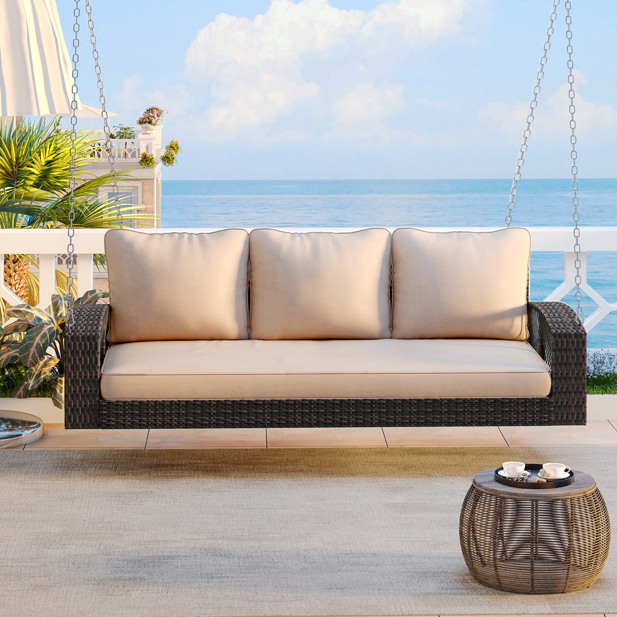 Aoibox  69 inch PE wicker 3 person porch swing with chains large patio swing bench with cushions brown for backyard garden poolside 800 lb