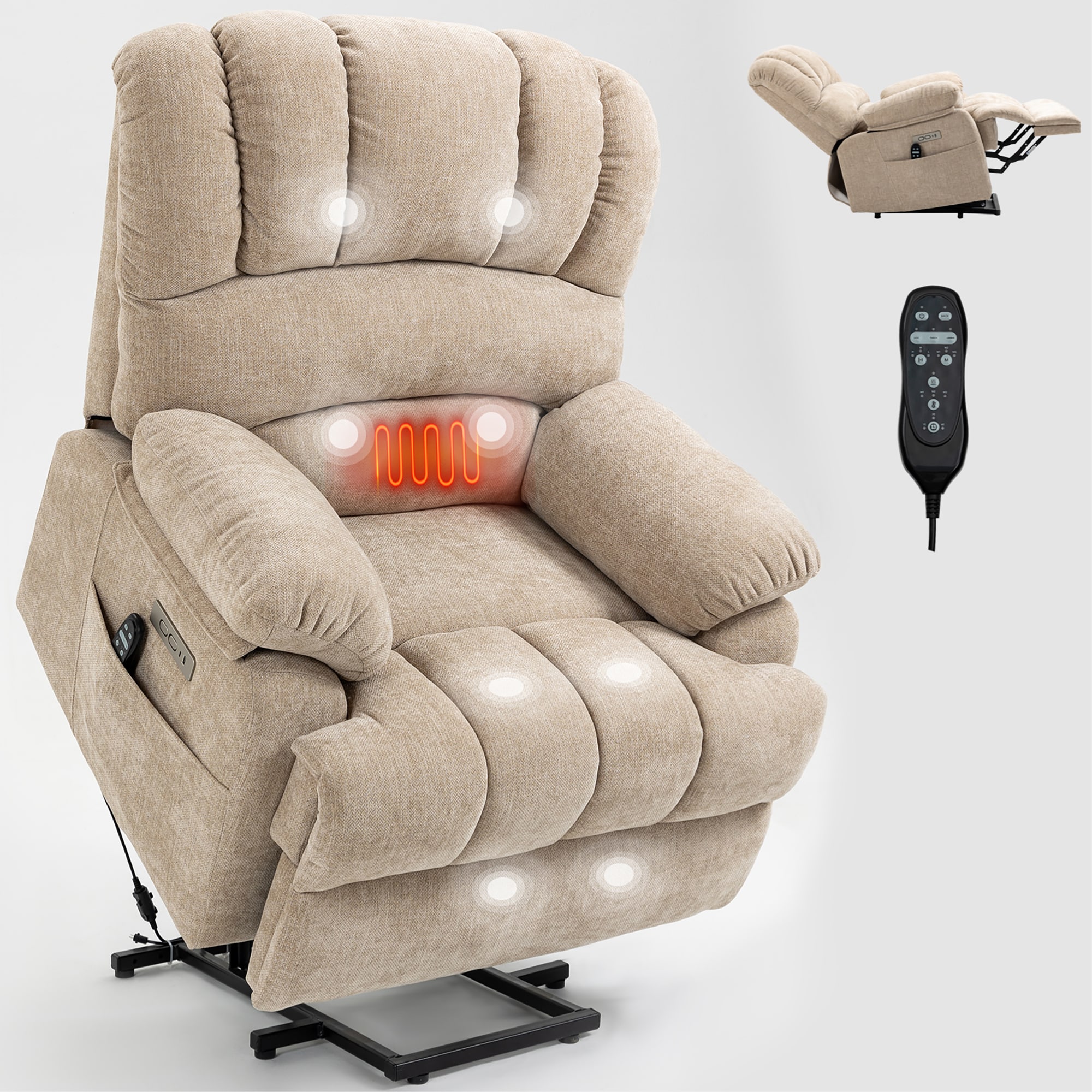 Sumyeg OR-PP192670AAD Large Size Beige Chenille Power Lift Recliner Beige Chenille Upholstered Powered Reclining Recliner with Lift Assistance