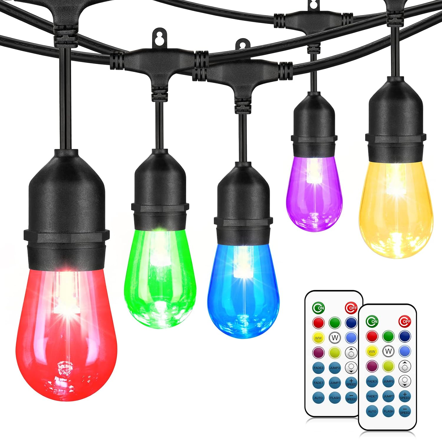 Segrass 48 ft Outdoor RGB LED S14 Edison Cafe String Lights with Remote 15 Shatterproof Bulbs 8 Color Modes Dimmable Waterproof Linkable Plug-In