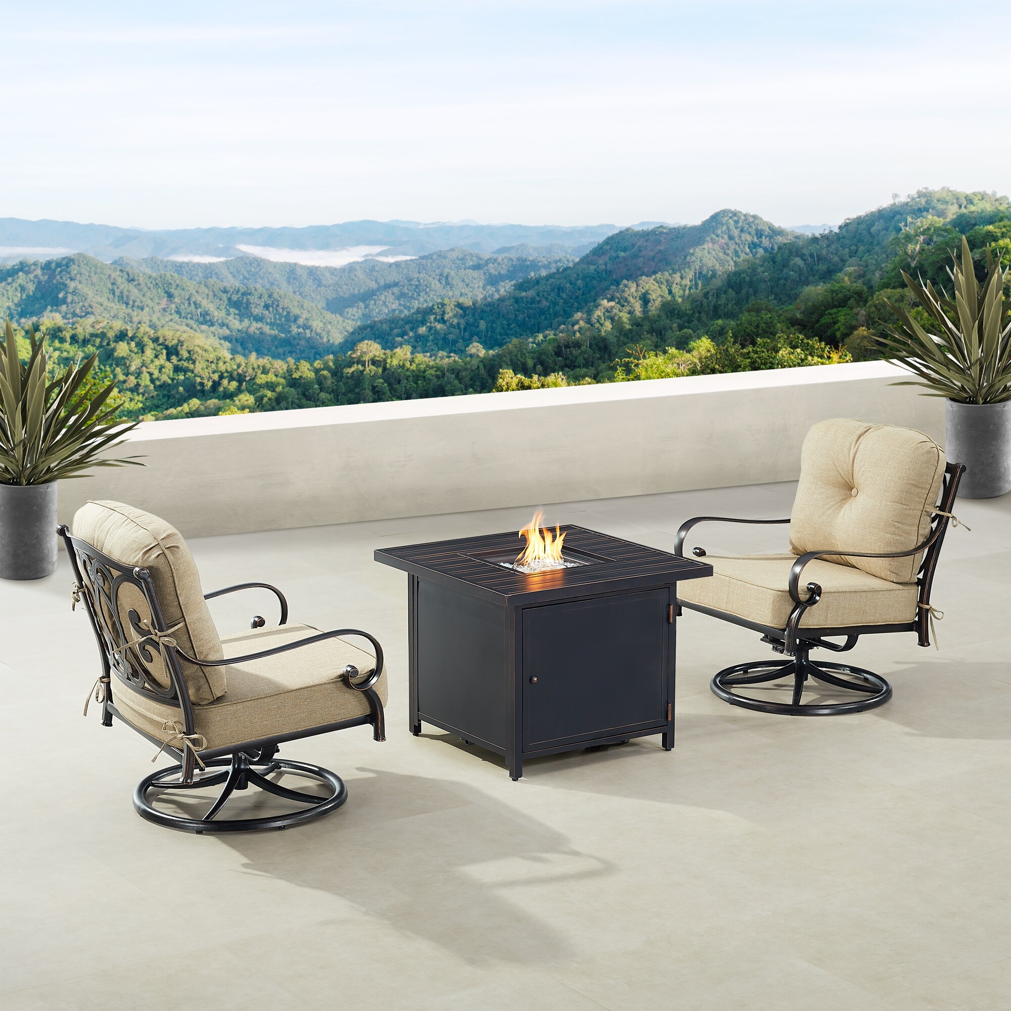 Oakland Living POPPY2CHCHOLULATNCUA Fire Pit Table Bistro Set, Two Lounge Chairs 7 -Piece Patio Conversation Set with Tan Cushions
