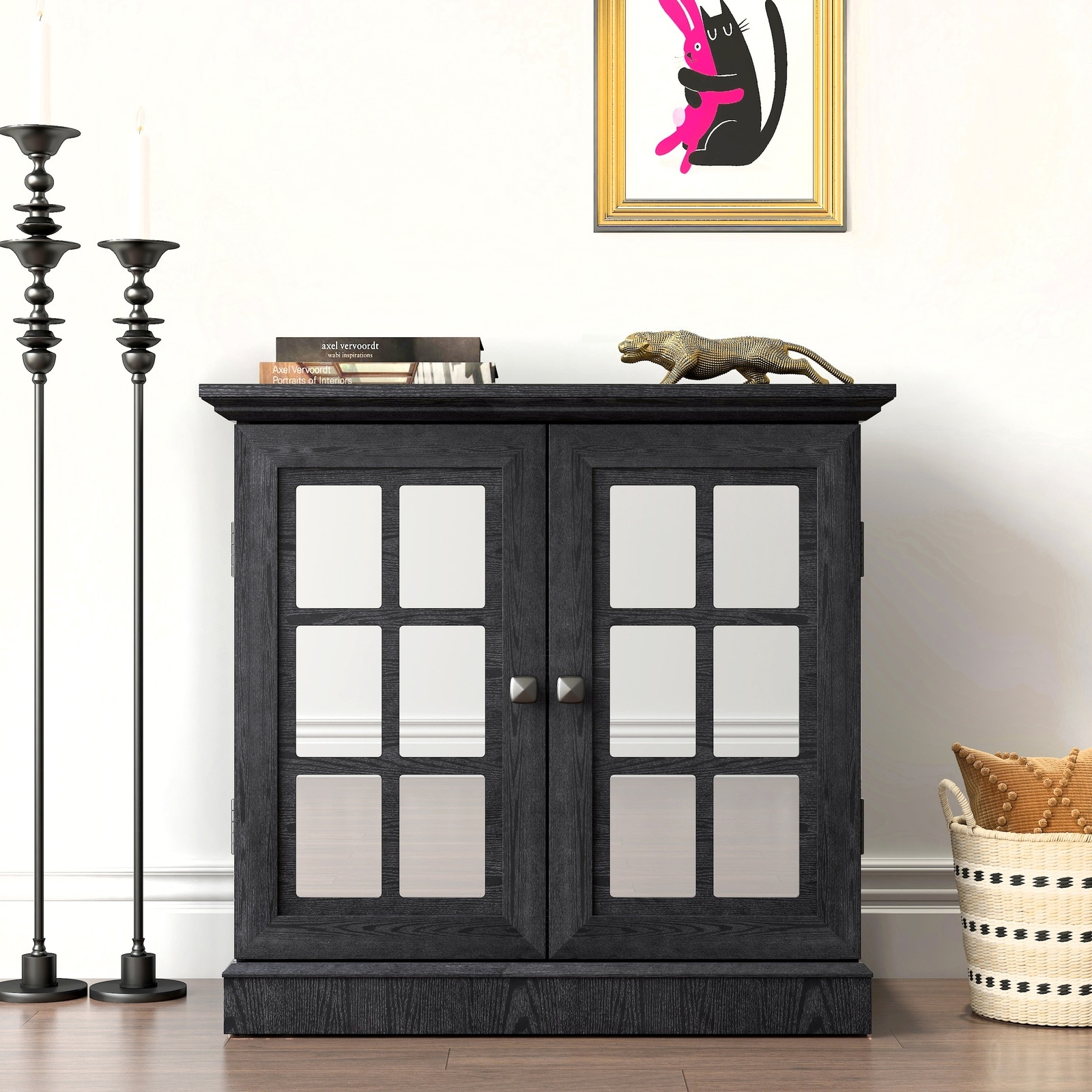 Horizons Prime - 31 inch x 16 inch x 29 inch Black MDF Storage Sideboard Cabinet with 2 Decorativ...