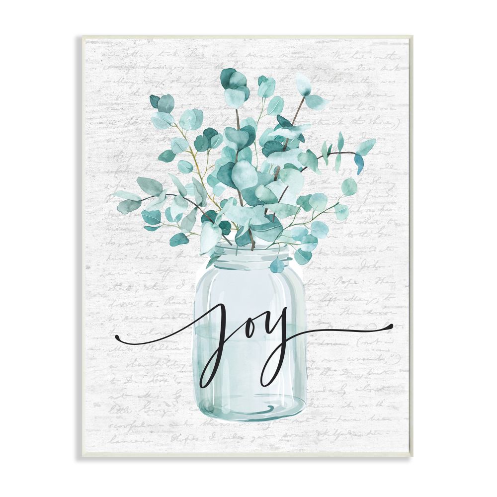 Stupell Industries AB-247-WD-10X15 Aqua Blue Plant Leaves In Jar Joy Text Design Lettered and Lined Frameless 15-in H x 10-in W Floral Print