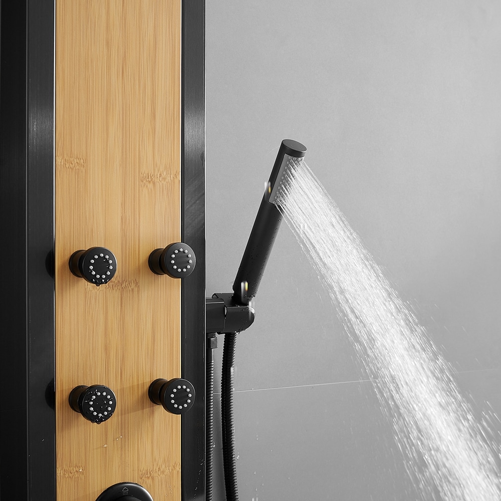 BWE Black Bamboo Shower Tower System With 3-way Diverter In The Shower ...