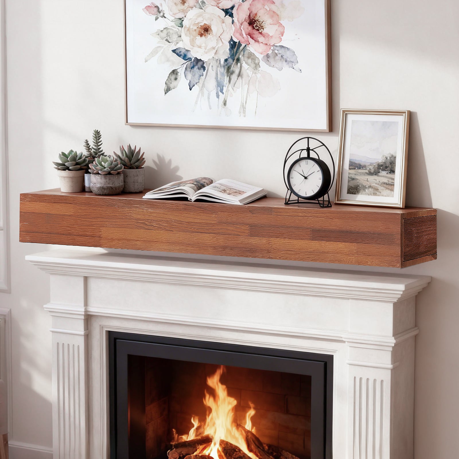 KWPZQEB 72-in W x 6-in H x 9-in D Rustic Solid Wood  Fireplace Mantel Shelf Floating Shelf for Home Decor -Brown