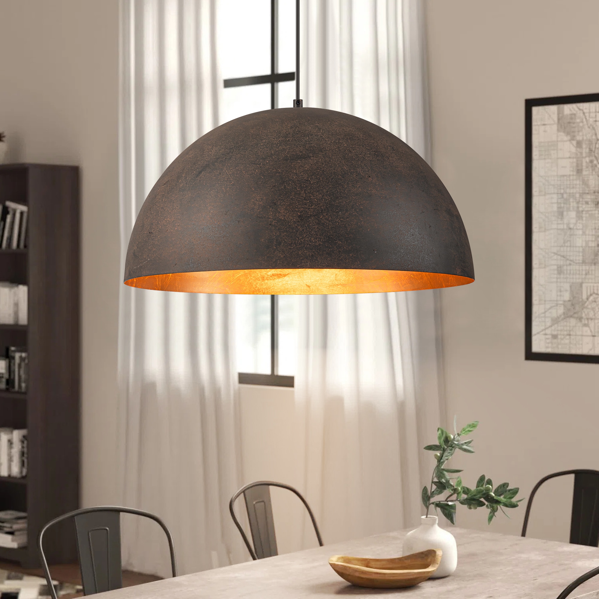 Y'INSP Luxcien 1 -Light Vintage Black Bronze Industrial Metal Dome Large Hanging Pendant Light