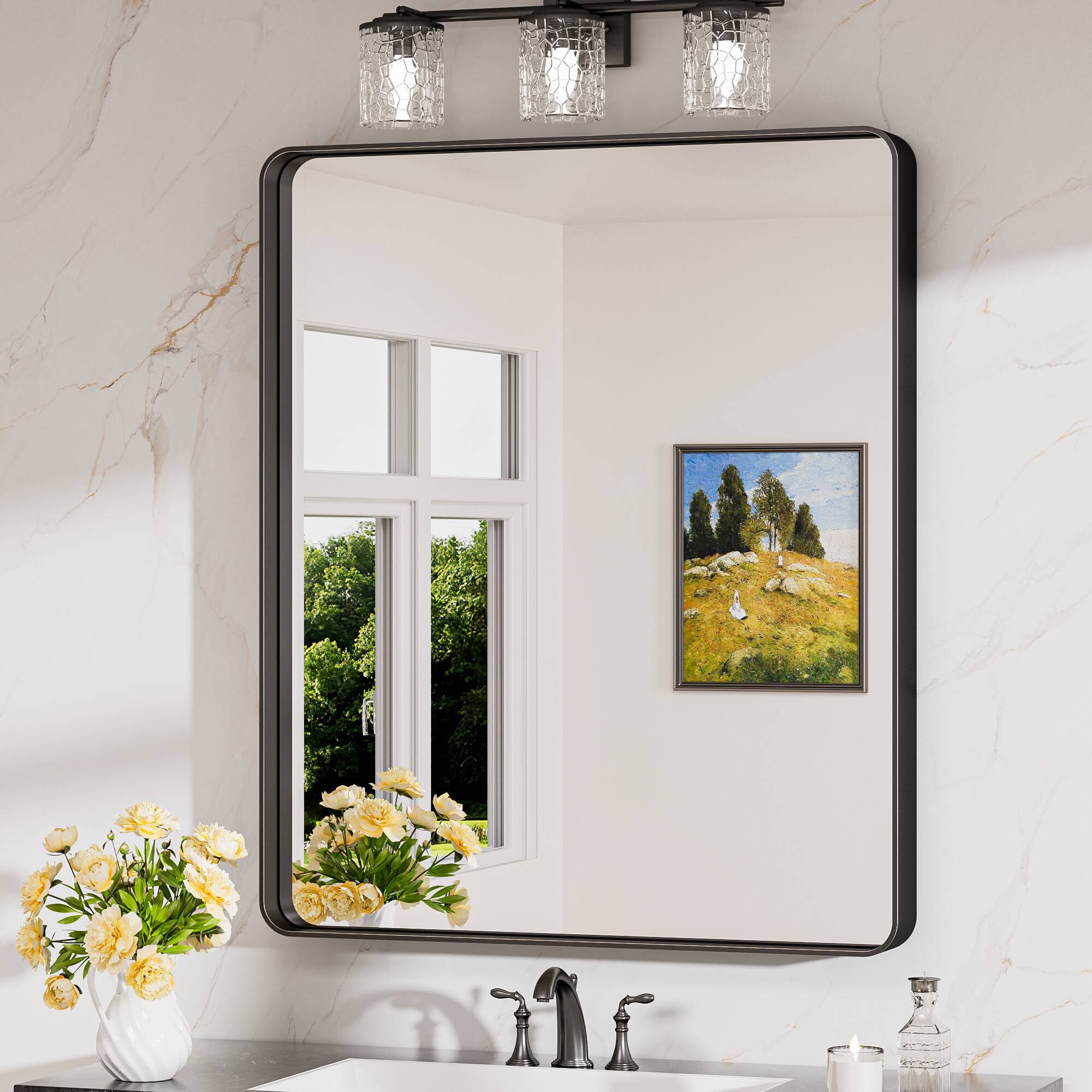 Keonjinn LW-JSKYJ2-7691BK Bathroom Mirrors 30-in W x 36-in H Rectangle Matte Black Framed Wall Mirror