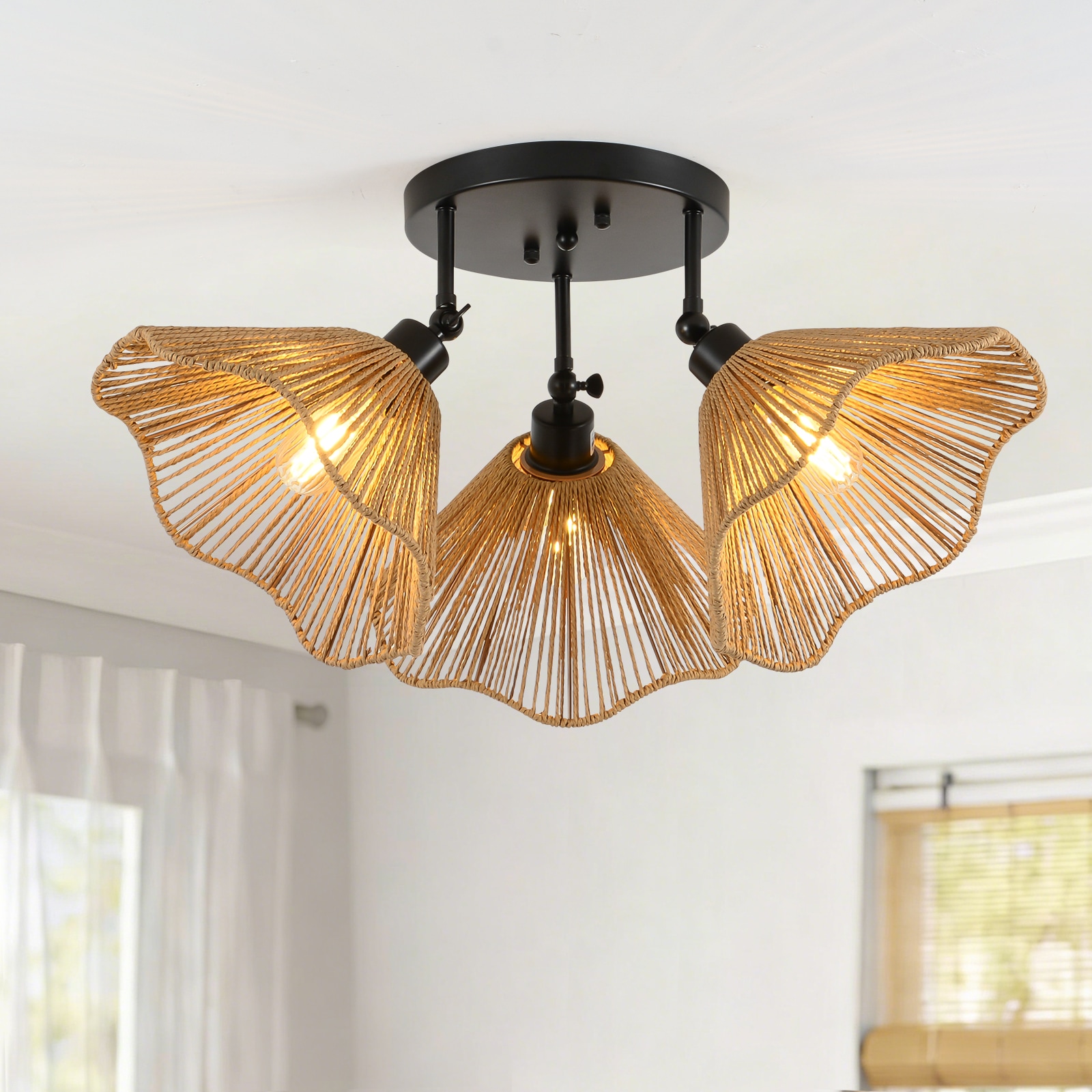 ZemSum 3-Light Black Bohemian/global Rattan Metal Semi-Flush Mount Light
