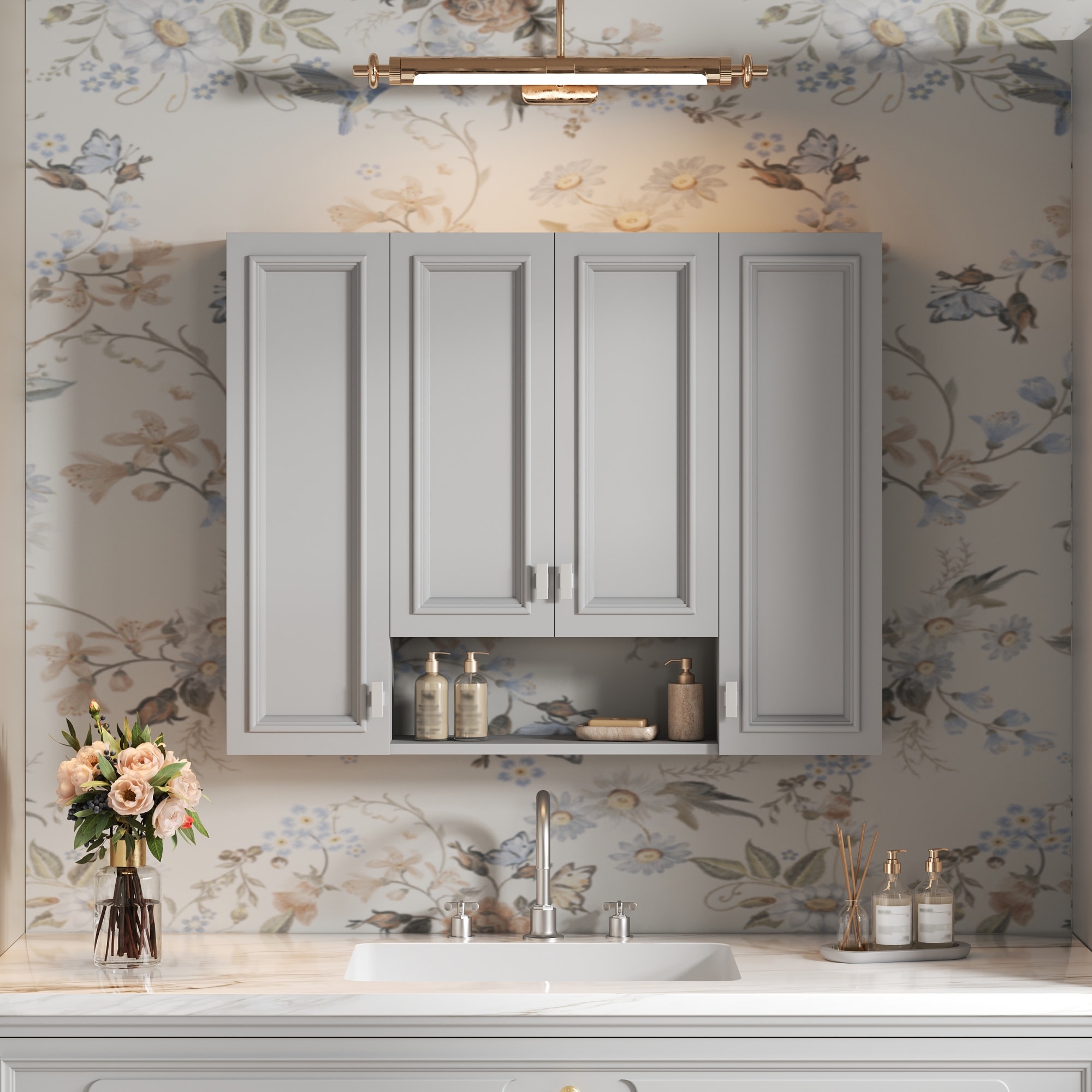ModernLuxe Assembly Required Modern Bathroom Cabinet with 5 Adjustable ShelvesWallMounted Medicine Cabinet for BathroomSoftClosing HingesOpen Shelving Design