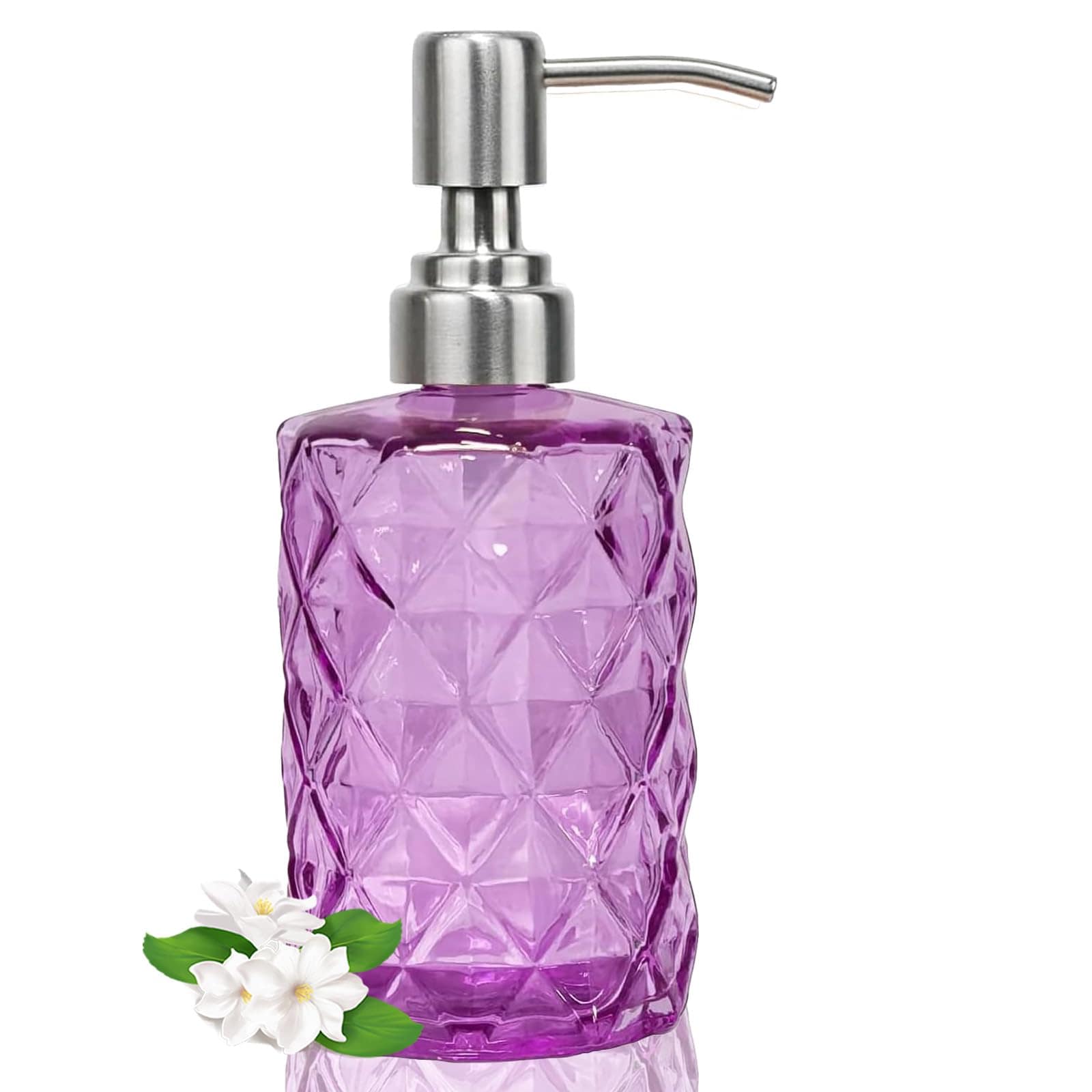 Phyfalip  12oz Purple Glass Soap Dispenser with Stainless Steel Pump Diamond Design Refillable Bottle for Kitchen Bathroom Countertop Hand Soap