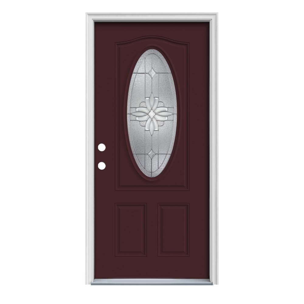 JELD-WEN LOWOLJW166800167 Laurel 36-in x 80-in x 4-9/16-in Steel Oval Lite Right-Hand Inswing Currant Painted Prehung Front Door with Brickmould Insulating Core