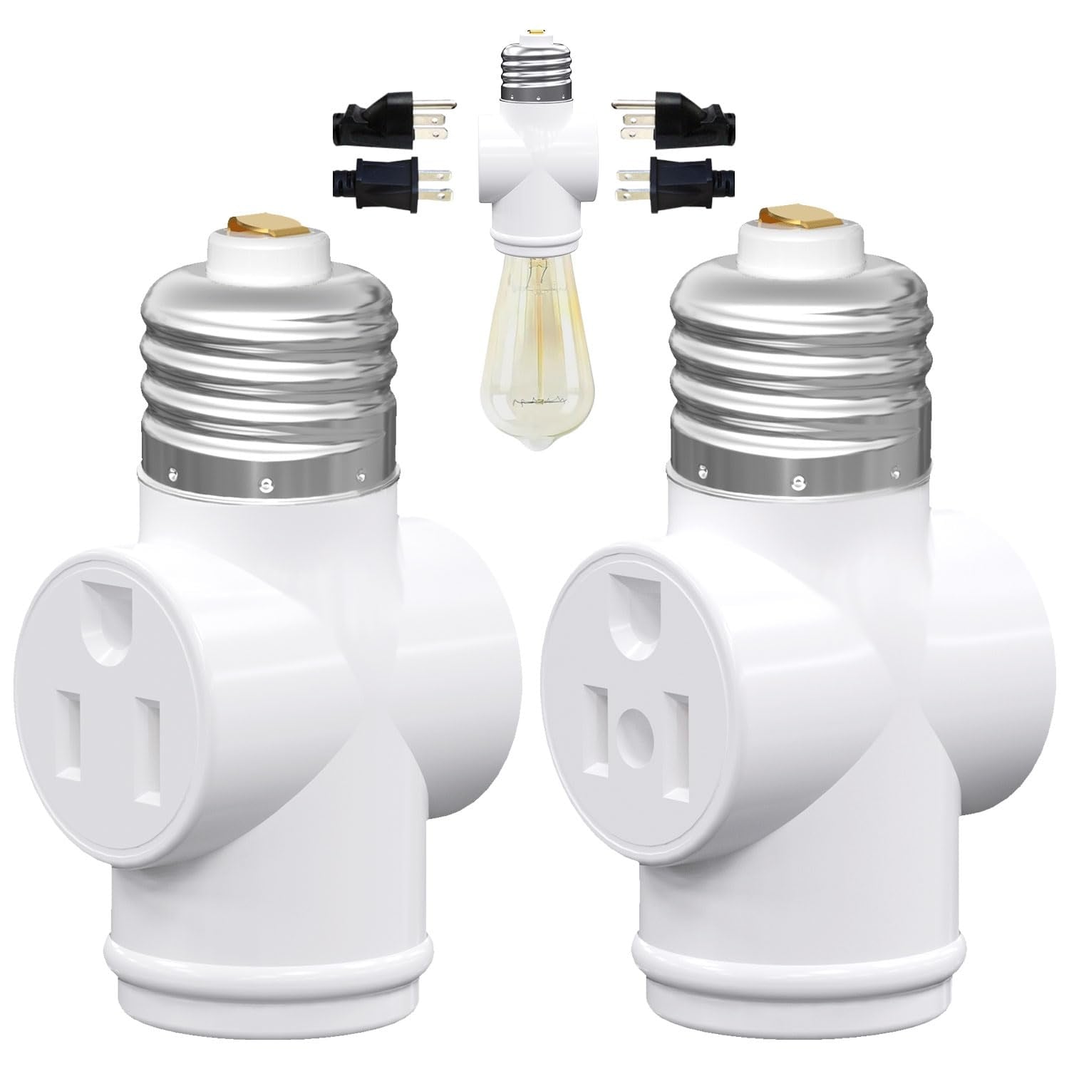 Misopily  2 pack light socket to plug adapter converts E26 light socket to two 3 prong outlets and one bulb socket white flame retardant material