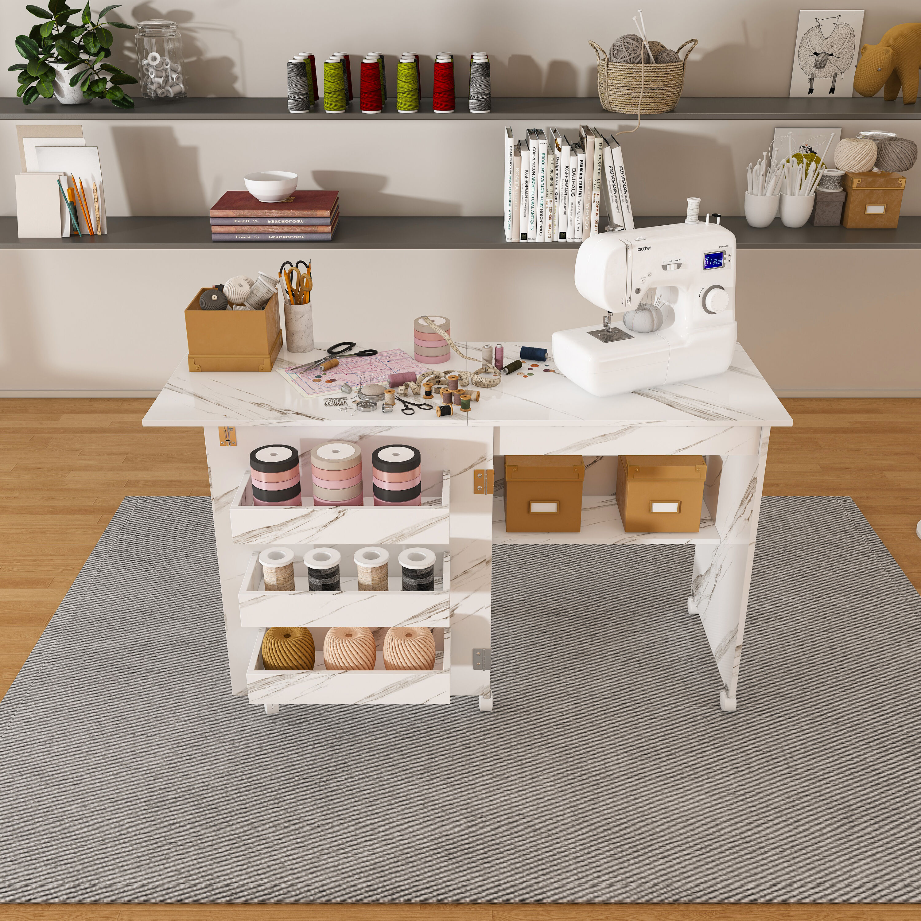 LOVMOR SF-Y-W2700P311798 4 in 1 Folding Sewing Table with Lockable Wheels Multi Functional Craft Station End Table Computer Desk Kitchen Storage with Shelves White Rolling Sewing Machine Table for Apartments