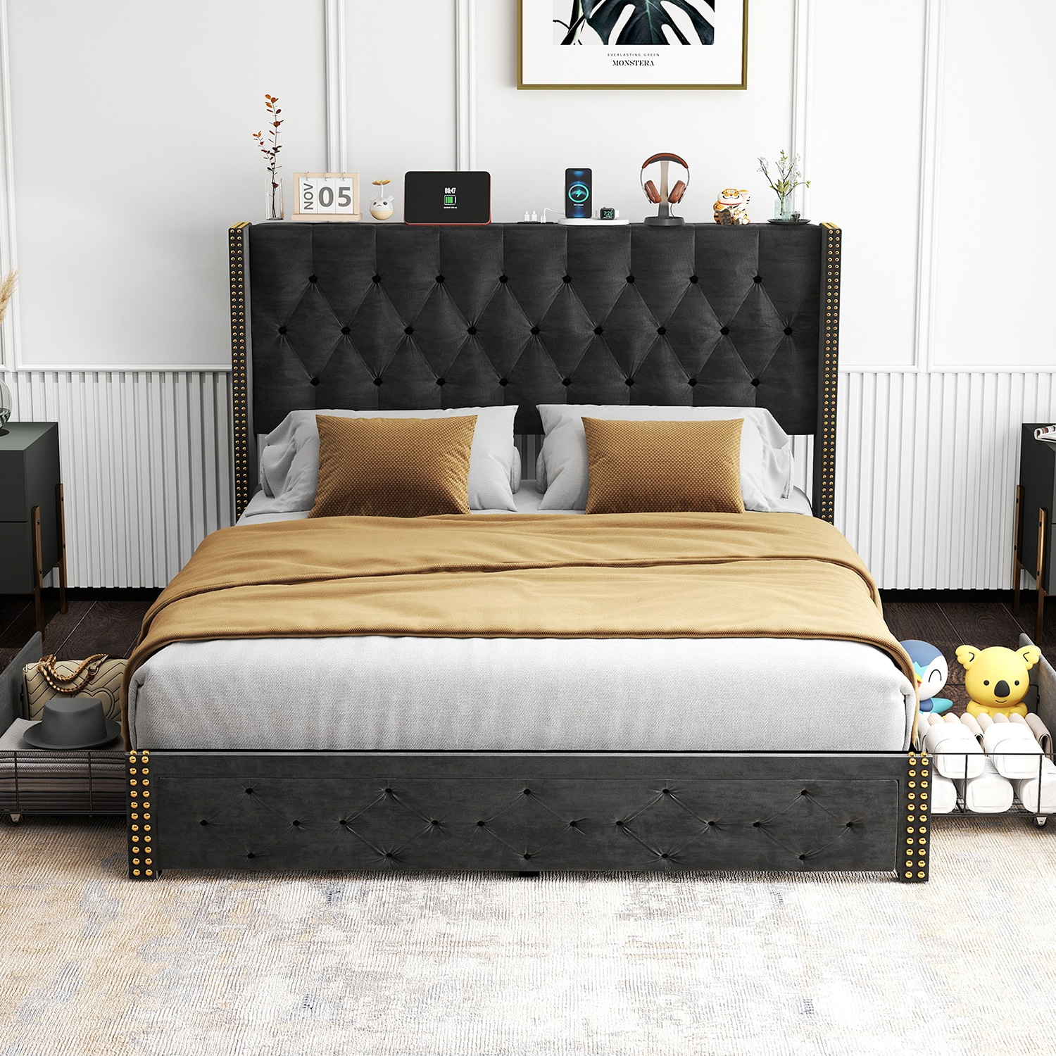 GZMR GZ-W84164 Full Black Metal Bed Frame Storage with Headboard