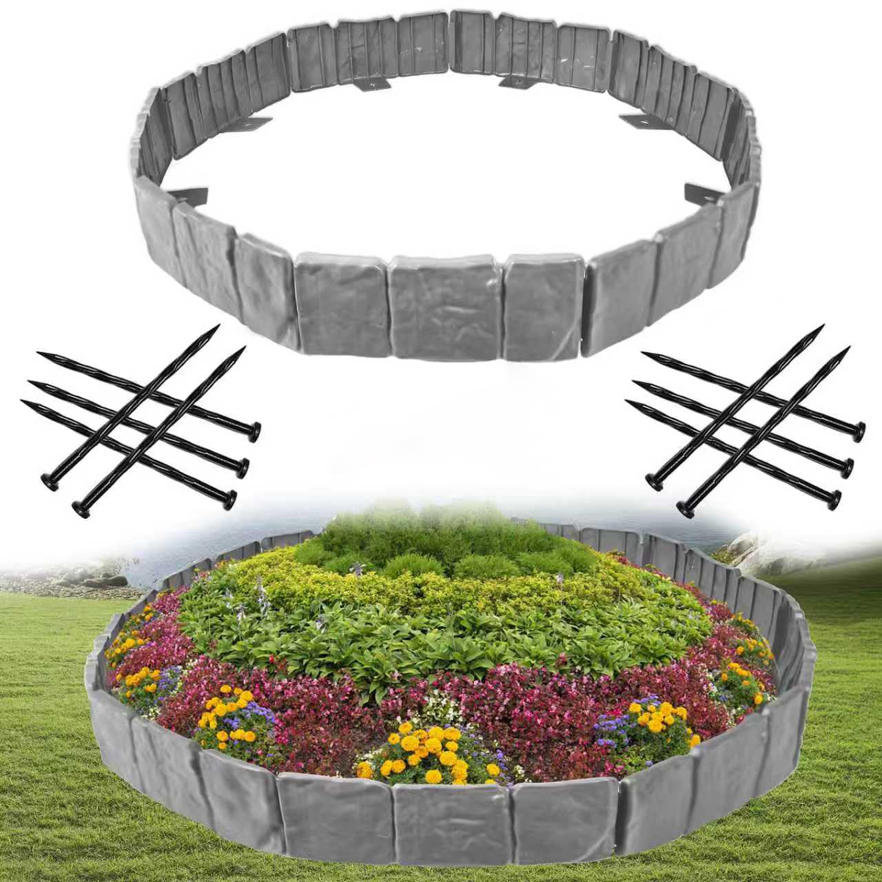 Adrinfly  Garden Edging Border with Anchoring Spikes Plastic Landscape Edging Border Imitation Stone Fence for Outdoor Yard Landscaping 20pcs 16