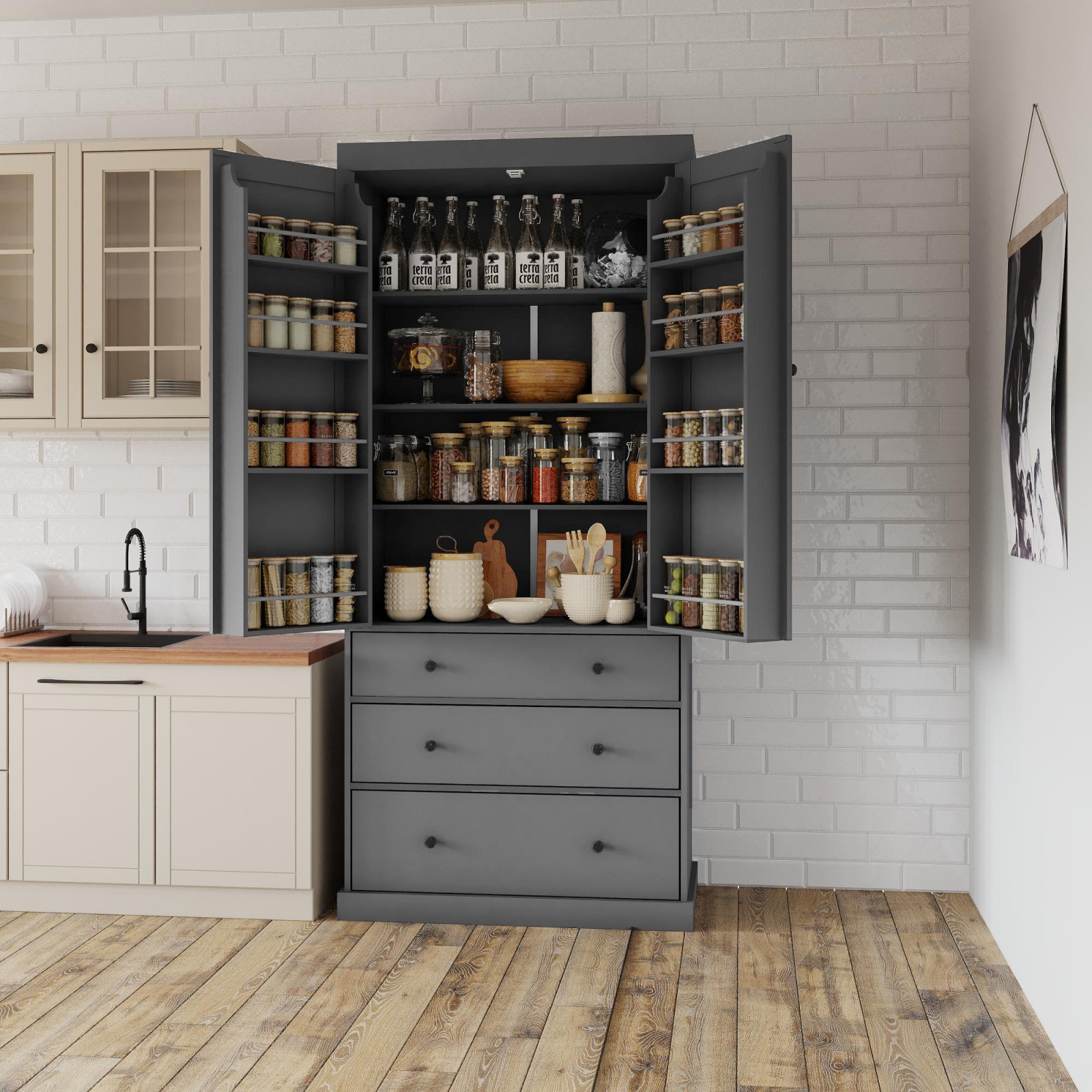 GlasFlength  77 Inch Farmhouse Freestanding Tall Kitchen Pantry Storage Cabinet with Three Adjustable Shelves Eight Door Shelves and 3 Drawers for Kitchen Dining Living Spaces