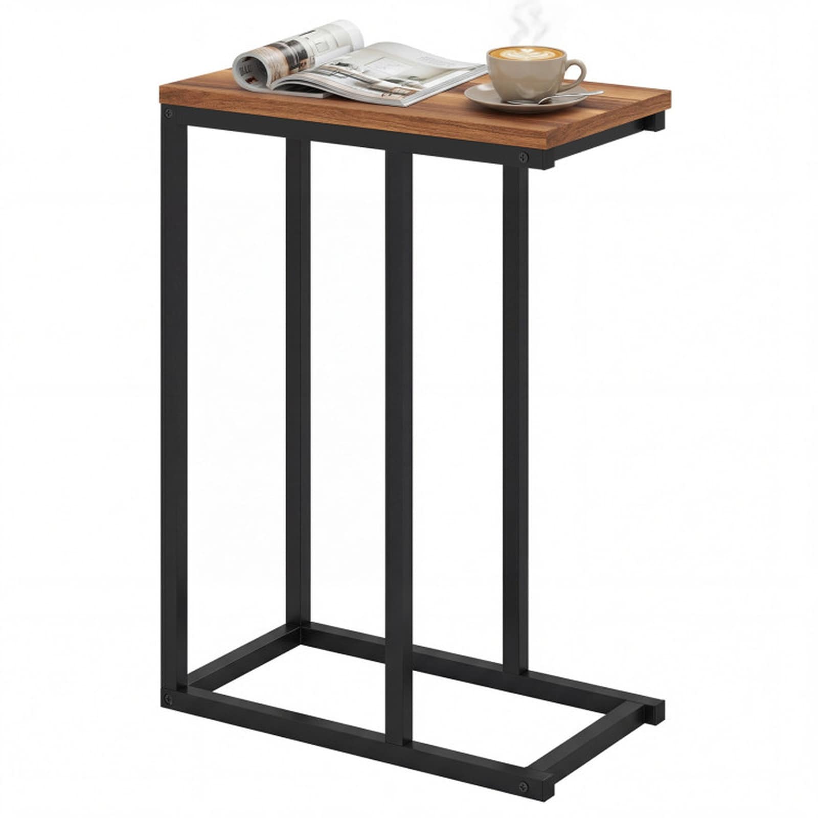 SUGIFT C-Shaped End Table 18-in by 10-in by 25-in - Walnut Narrow Small Side Table with a Heavy-Duty Metal Frame 0.7-in Engineered Wood Top and an 11-lb Tabletop Rating for a Laptop Coffee Cup Magazine or Photo Frame Beside a Sofa Chair or Bed