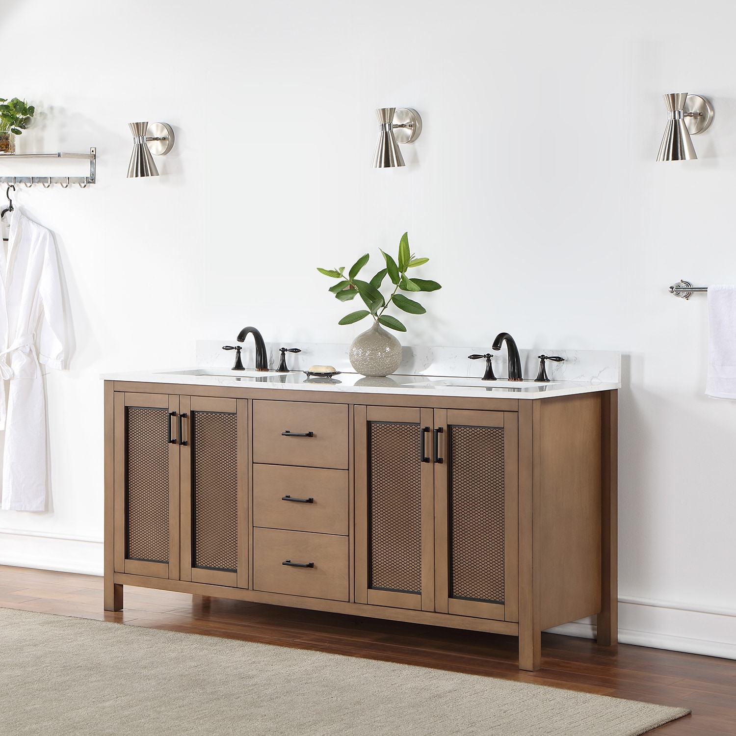 Hadiya 72" Brown Pine Double Vanity with White Stone Countertop