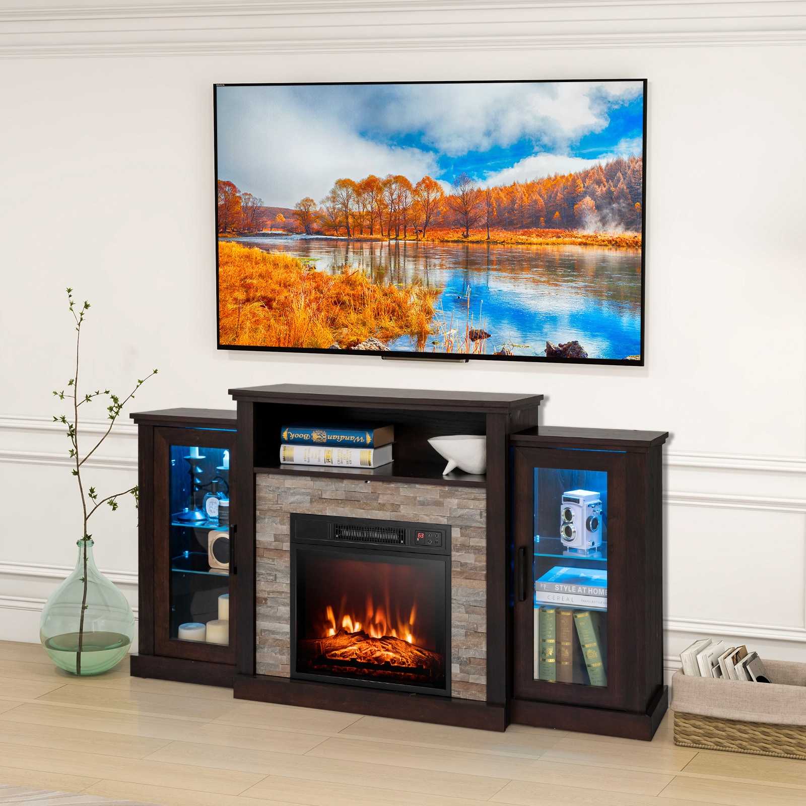 Mondawe - 59-in W Dark Brown TV Stand with Fan-forced Flat Wall Electric Fireplace with Remote Co...
