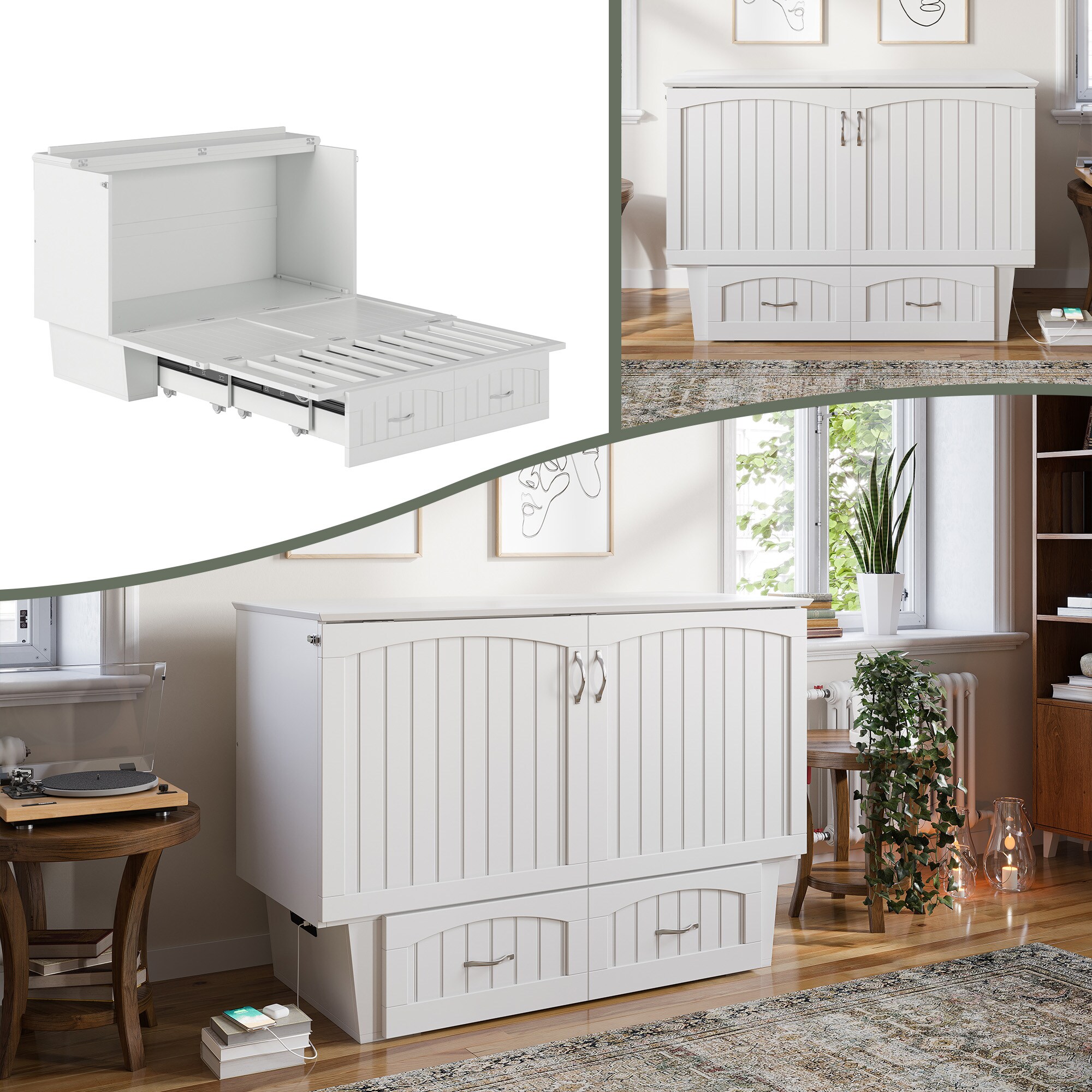 AFI AC593102 Marina No Mattress White Full Wood Murphy Bed with Storage