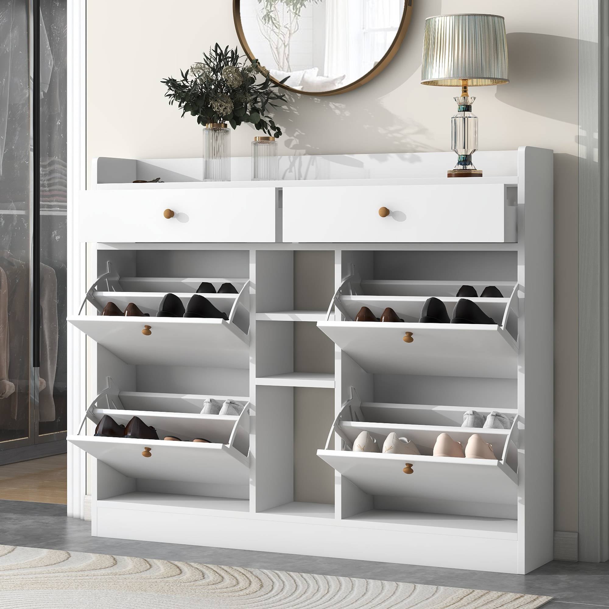 Yiekholo White Shoe Storage Cabinet with 4 Flip Drawers and Open Shelves, Freestanding Shoe Organizer for 18 Pairs, MDF Construction | LL-984AAK