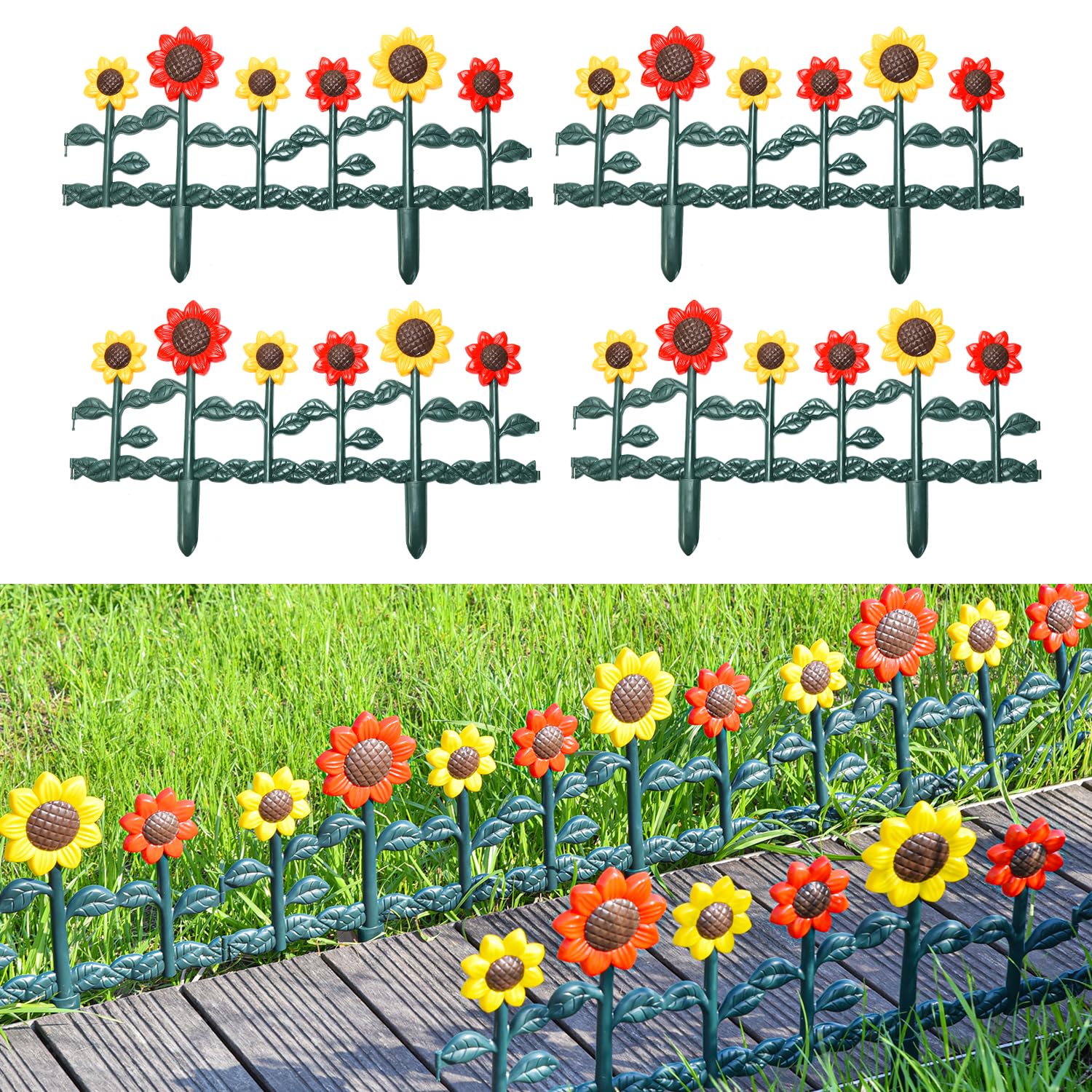 ITOPFOX  Sunflower Garden Picket Fence Edging 4 Pack Total 98 Inches Lightweight Durable Plastic Landscape Border Panels durable home and garden
