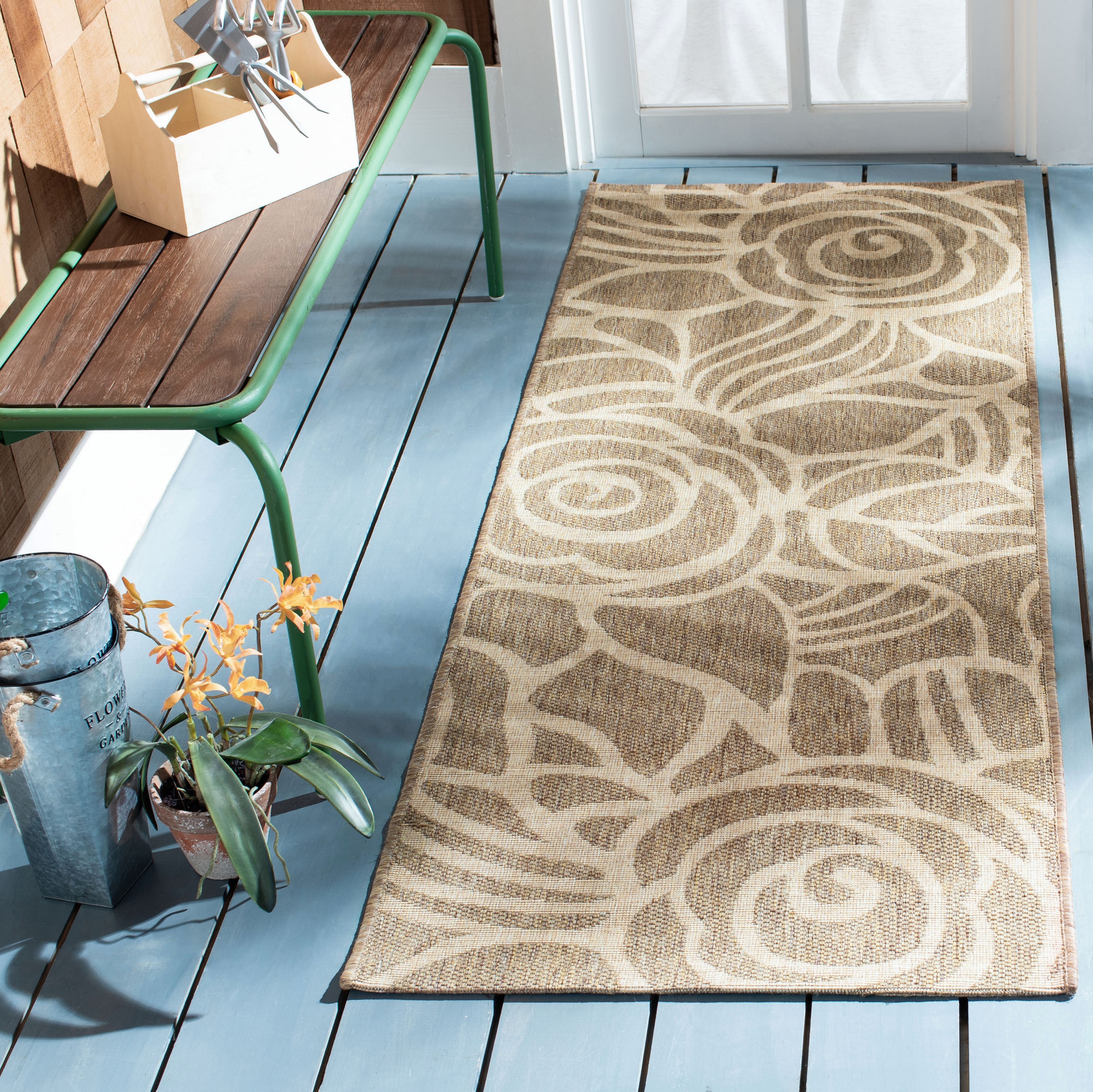 Safavieh CY5141B-210 Courtyard Loire 2 x 10 (ft) Loomed Polypropylene Coffee/Sand Rectangular Indoor/Outdoor Floral/Botanical Coastal Runner rug