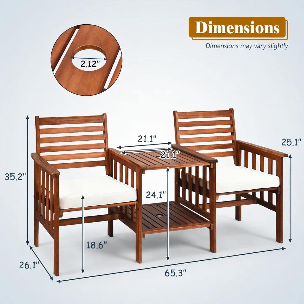 Choco Moon 3 Piece White Small Patio Set with Acacia Wood Loveseat and ...