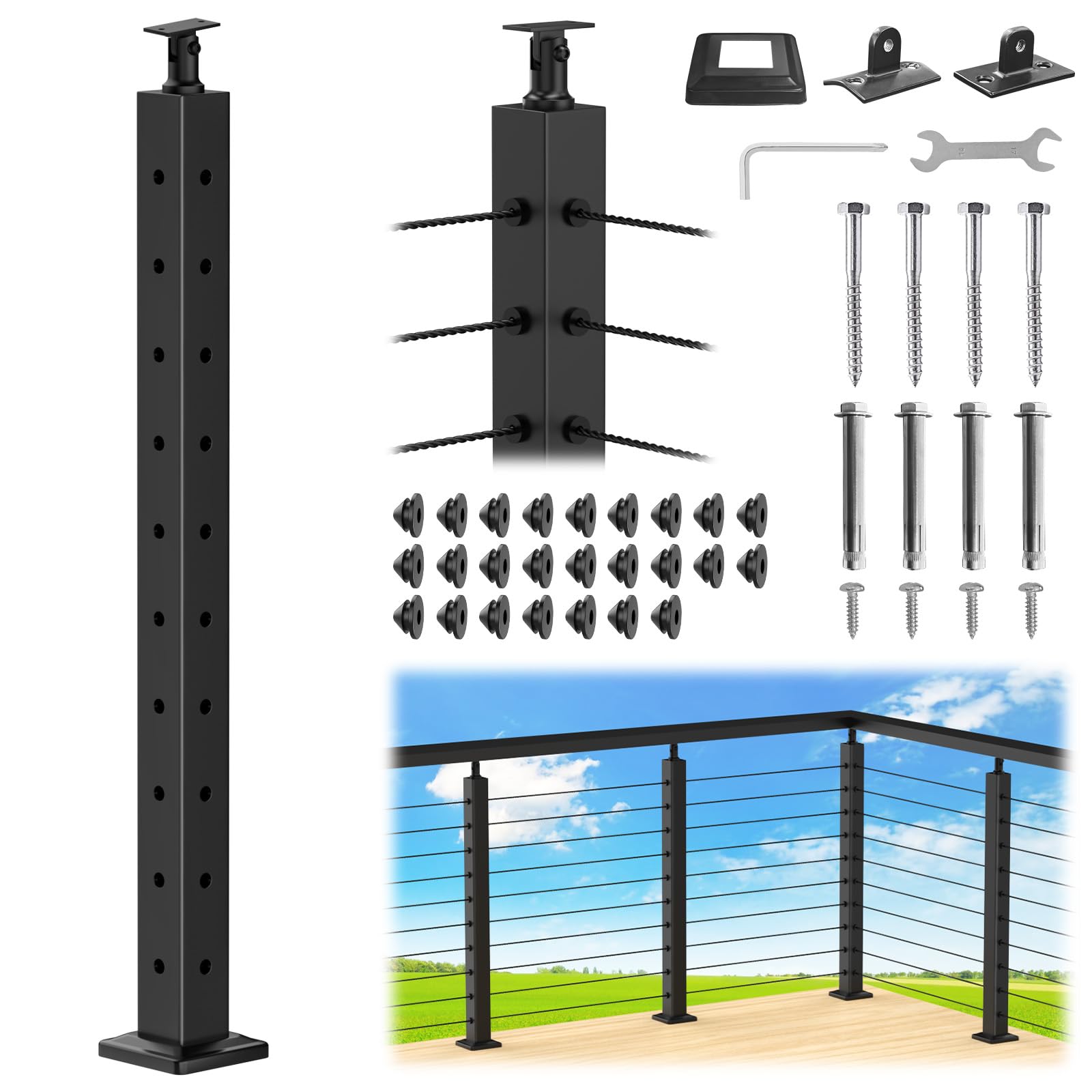 Misopily  L Drilled Corner Post 36 Inch Adjustable Top Cable Railing Corner Post 90 Degree Drilled Corner Post Black Finish Stainless Steel Deck