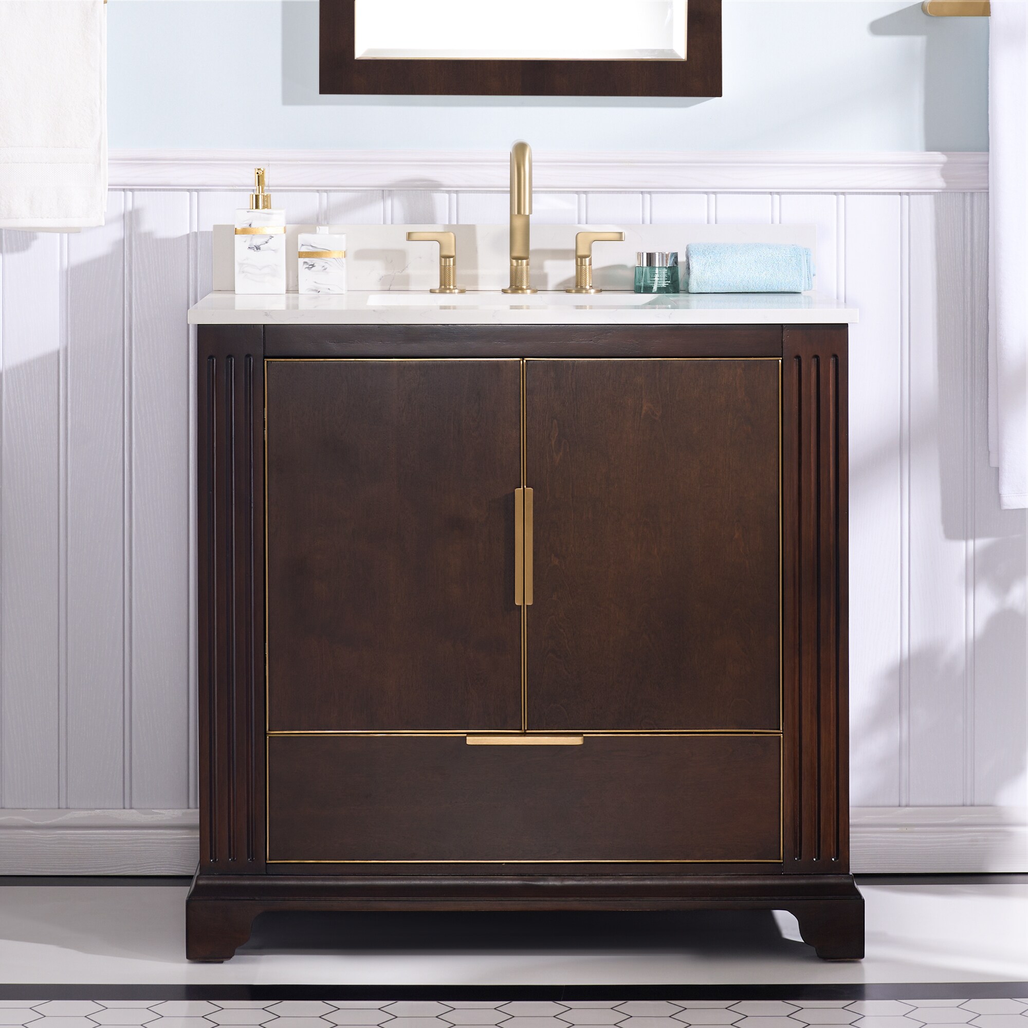 WELLFOR EX-VEBV36WH GRACE Solid Wood Bathroom Vanity 36-in Brown Undermount Single Sink Bathroom Vanity with White Quartz Top