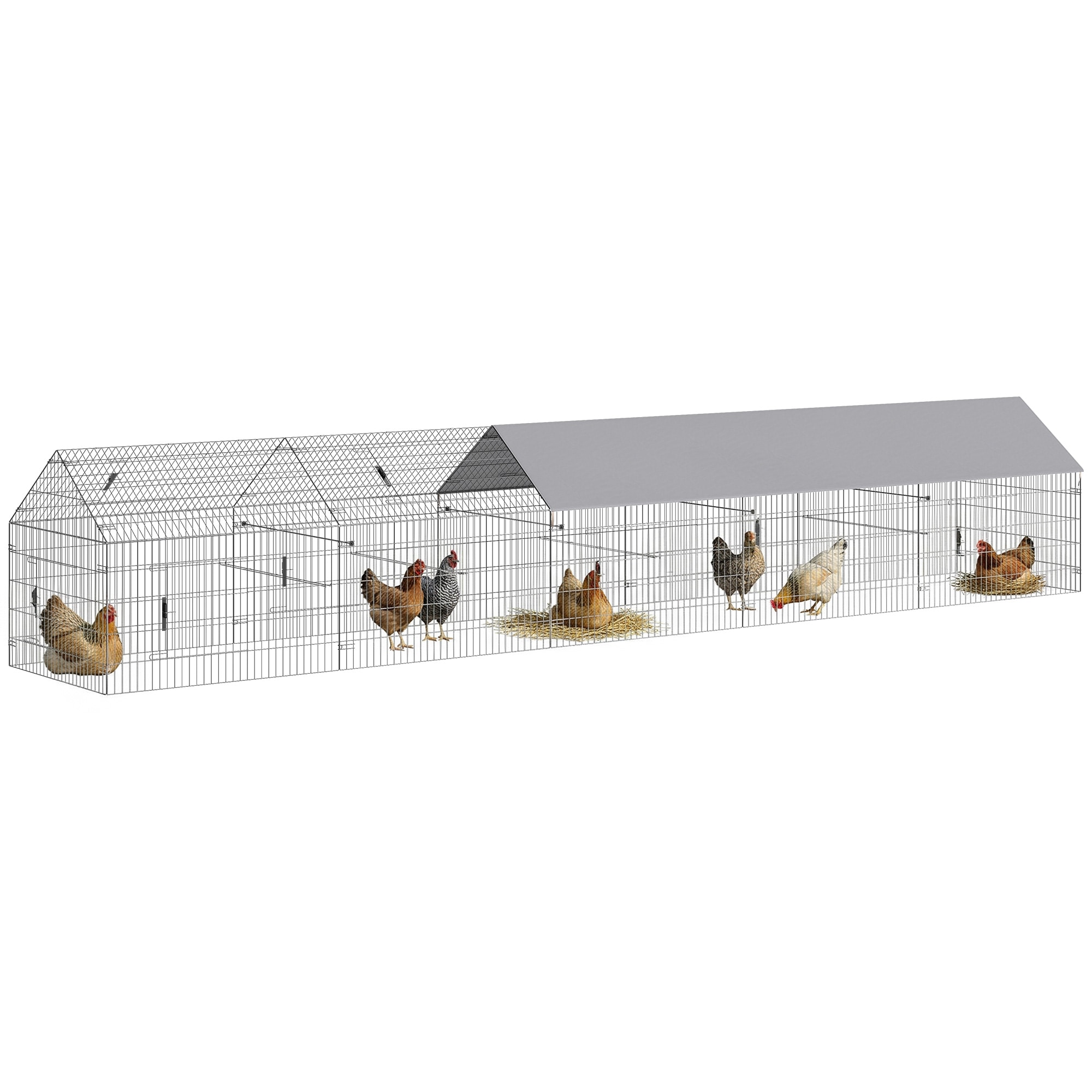 PawHut  Metal Chicken Coop Large Chicken Run with Water-Resistant  Anti-UV Cover for 7-9 Hens Outdoor Hen House Rabbit Hutch with 10 Doors for Duck Small Animal for Backyard 21' x 3.5' x 3.6'